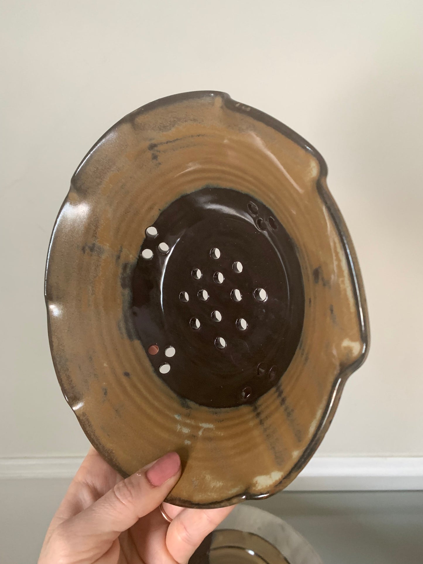 Pair of Studio Pottery Tan and Black Sieve Bowl & Plate Pottery Set