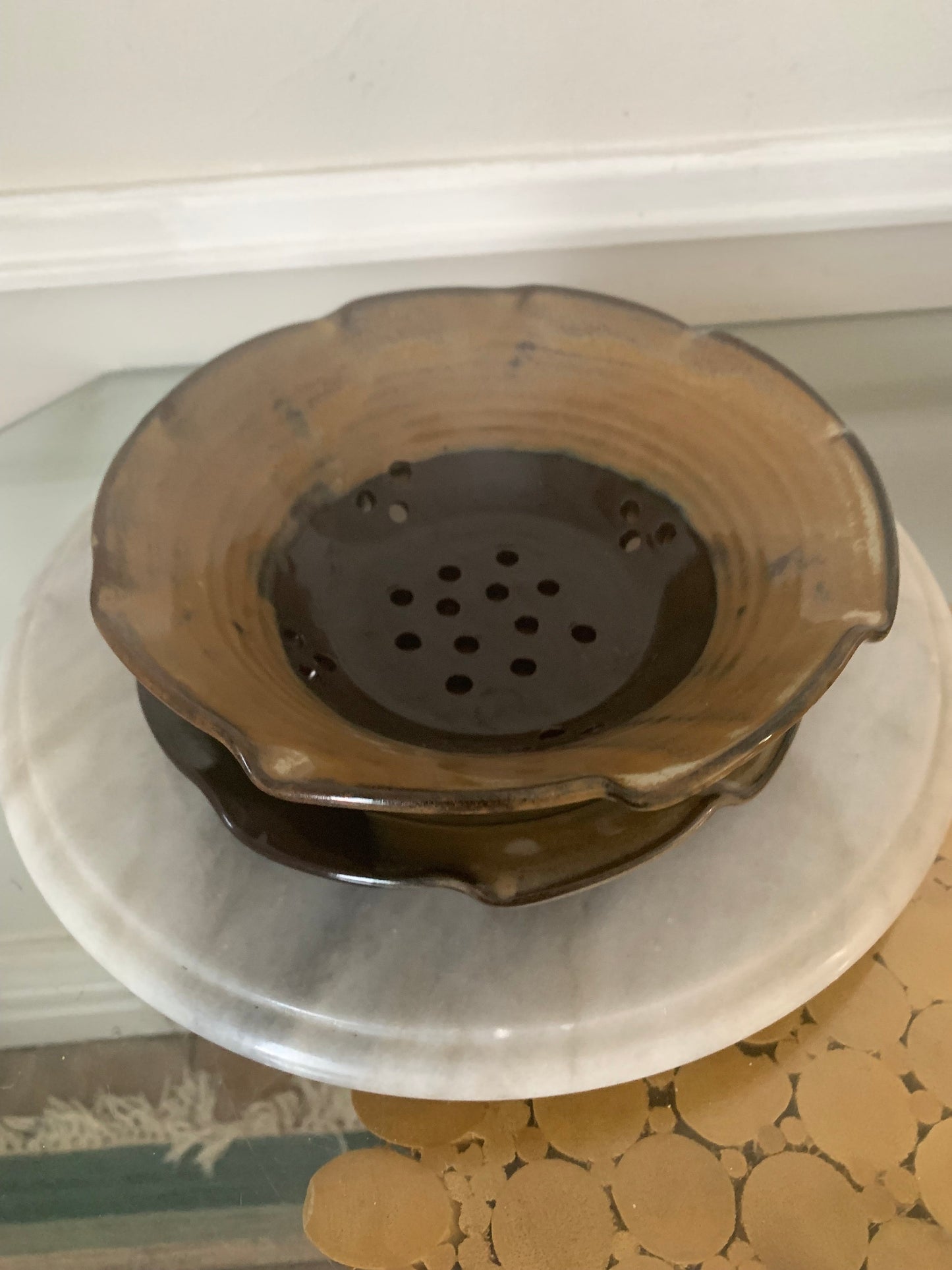 Pair of Studio Pottery Tan and Black Sieve Bowl & Plate Pottery Set