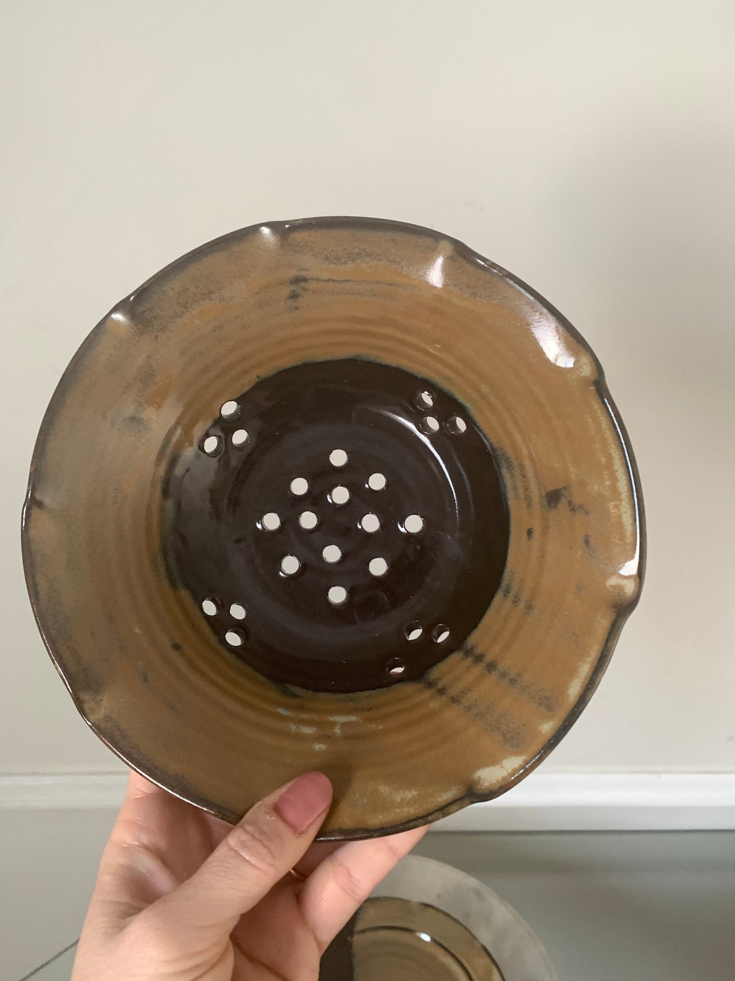 Pair of Studio Pottery Tan and Black Sieve Bowl & Plate Pottery Set