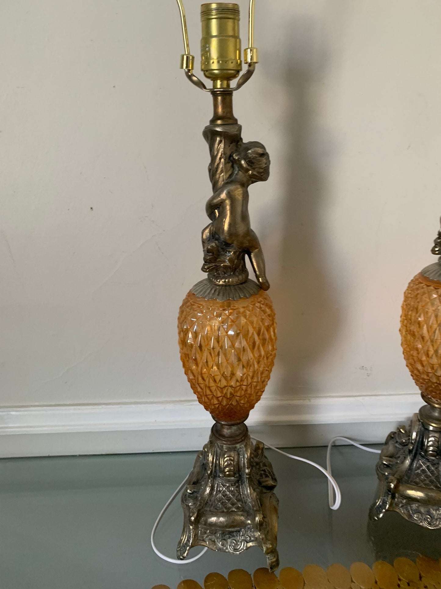 Pair of Vintage Gold Tone Cherub and Faceted Peach Lustre Glass Globe Table Lamps No Shades