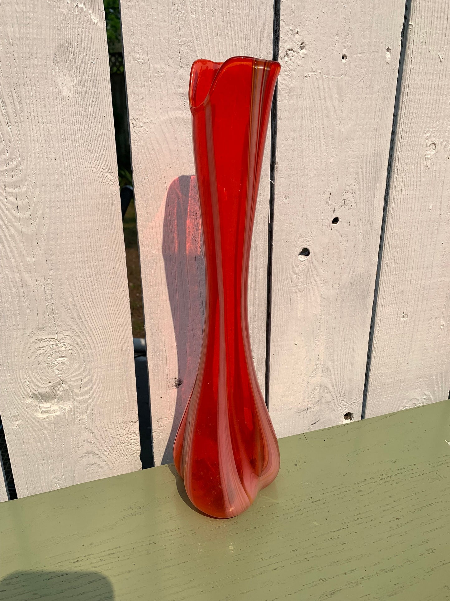 Tall MCM Red and White Ribbon Candy Stretch Glass Vase