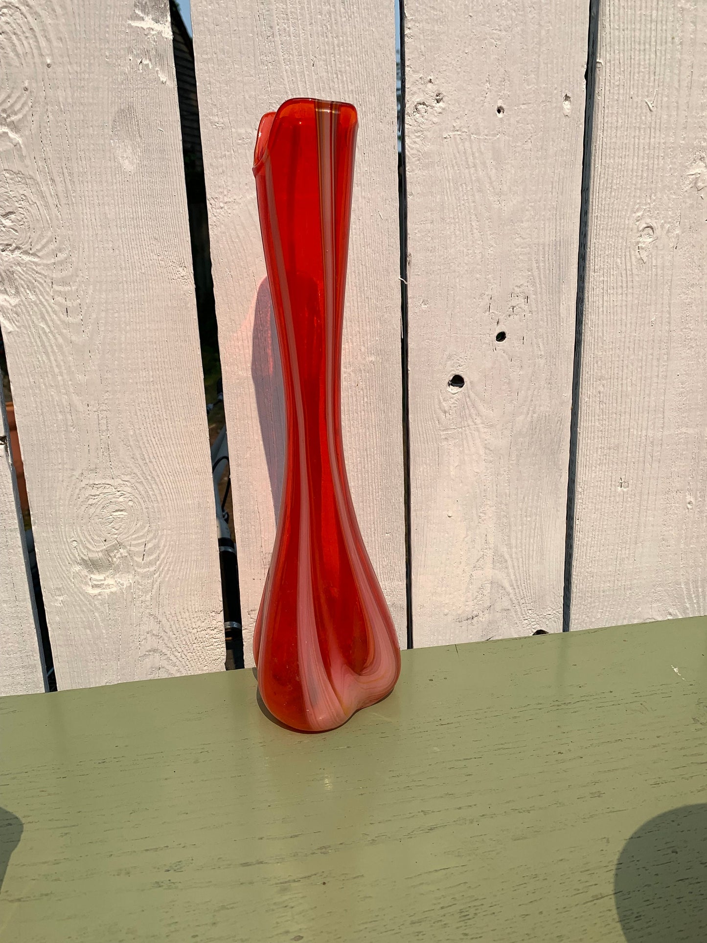 Tall MCM Red and White Ribbon Candy Stretch Glass Vase