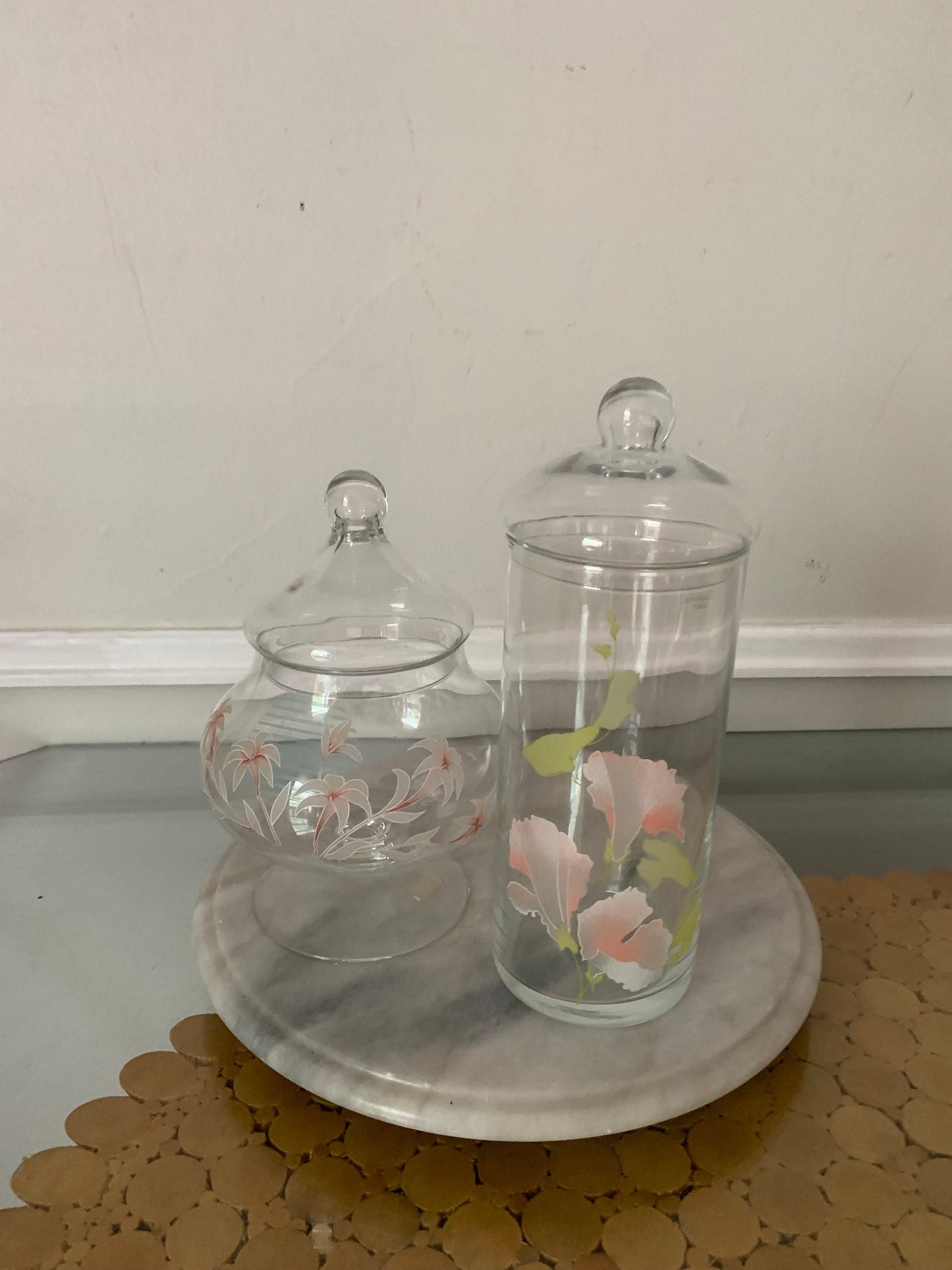 Retro Pair of Glass Pasabahce Lidded Jar with Frosted Flowers Made in Turkey