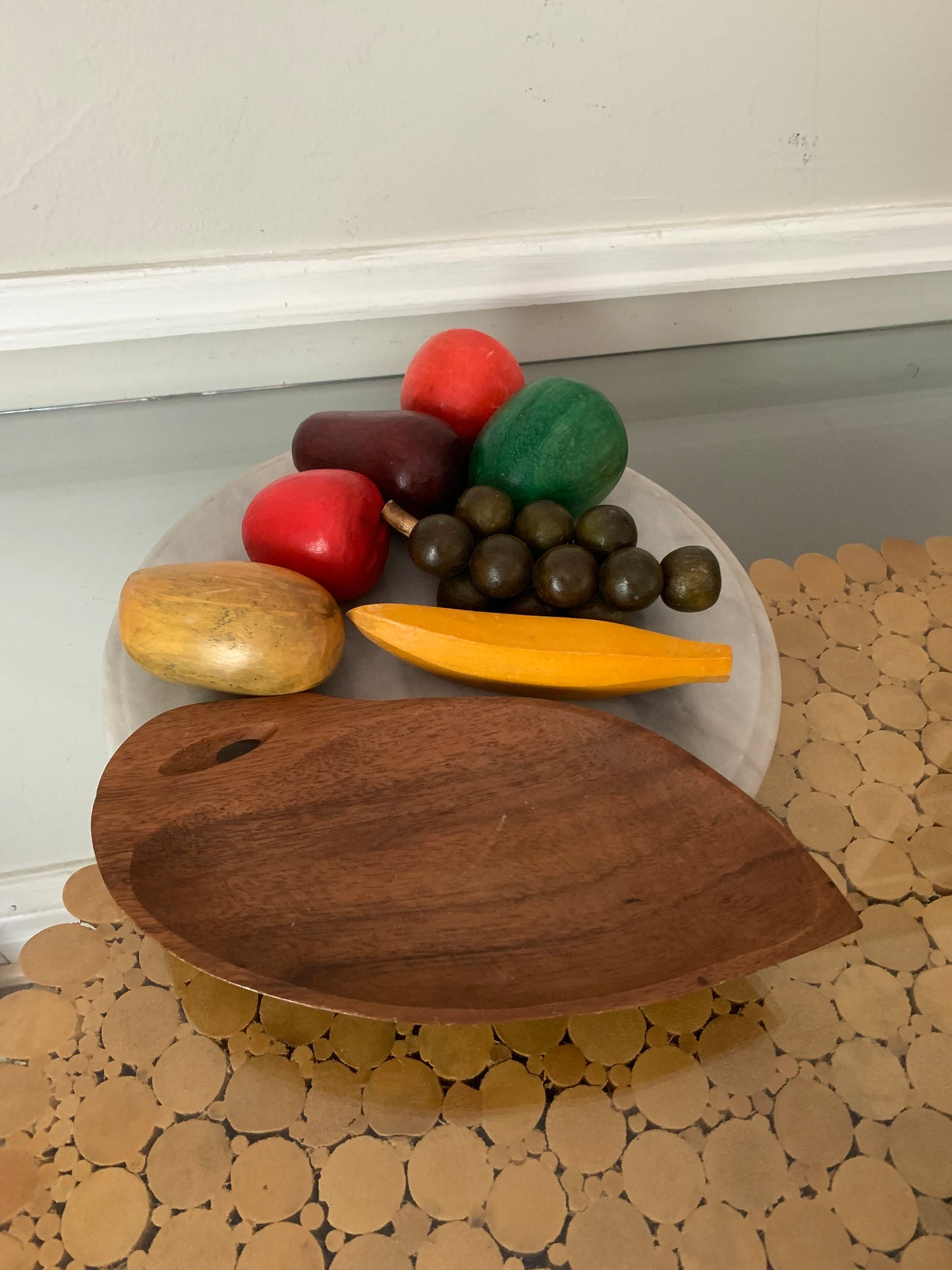 MCM Set of 7 Colourful Carved Wooden Fruit on Wood Plate