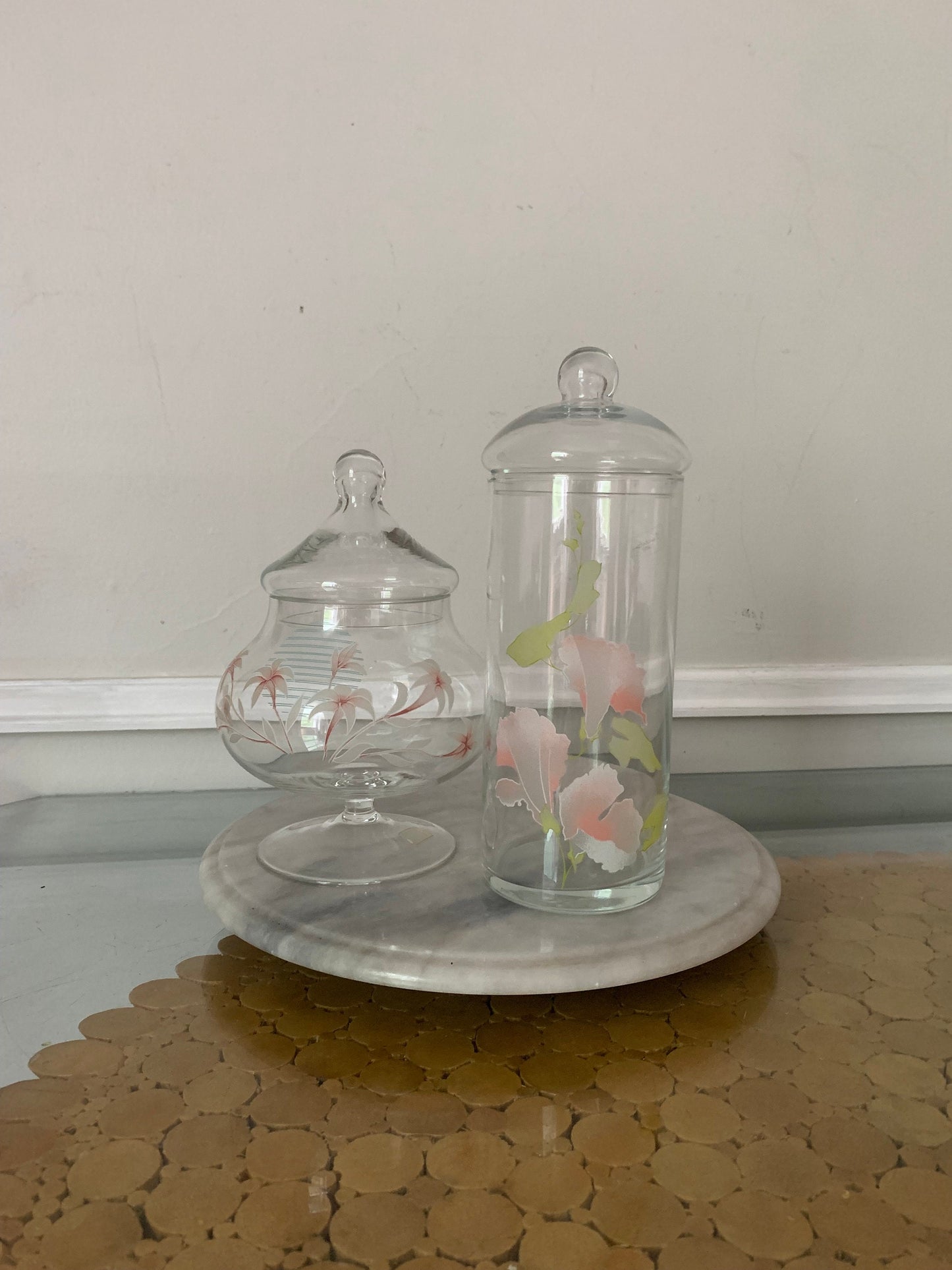 Retro Pair of Glass Pasabahce Lidded Jar with Frosted Flowers Made in Turkey