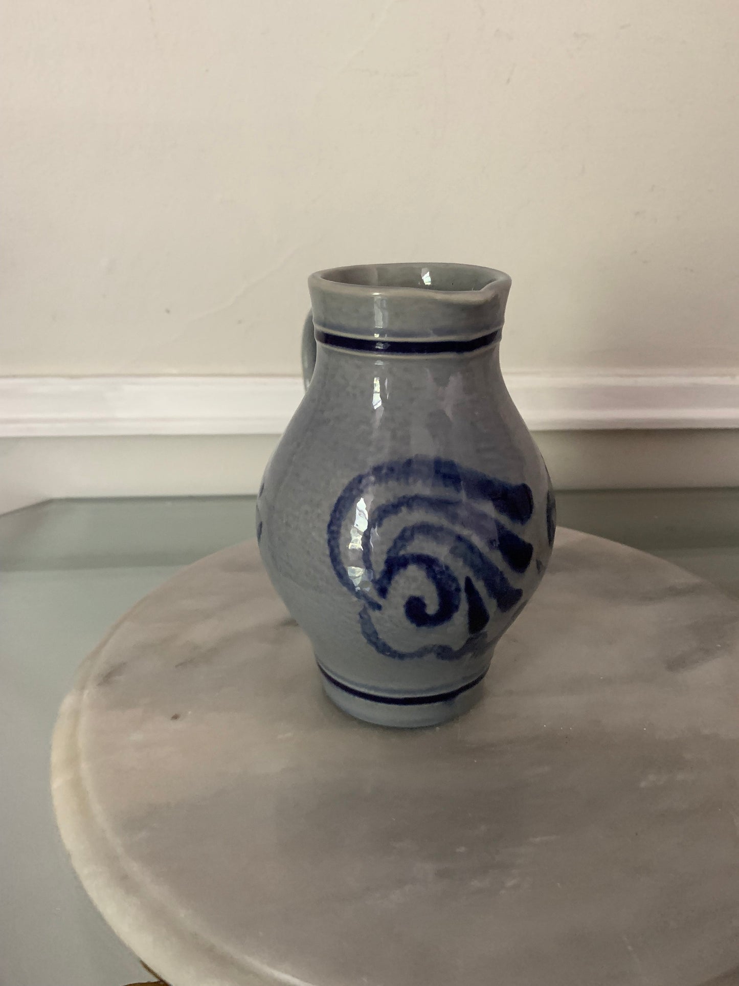 Small Vintage Salt Glazed Stoneware Cobalt Blue & Gray Half Litre Pitcher