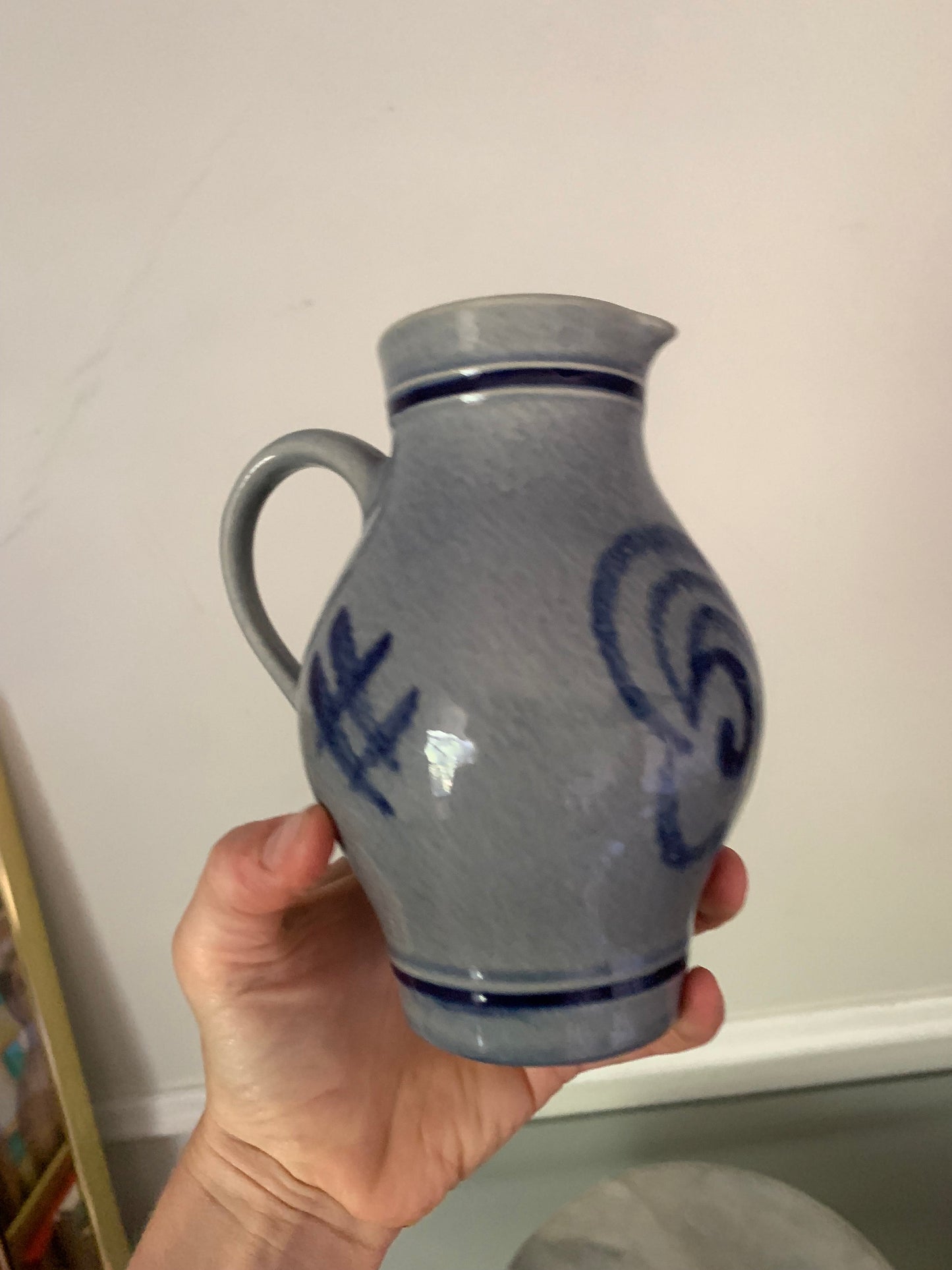 Small Vintage Salt Glazed Stoneware Cobalt Blue & Gray Half Litre Pitcher