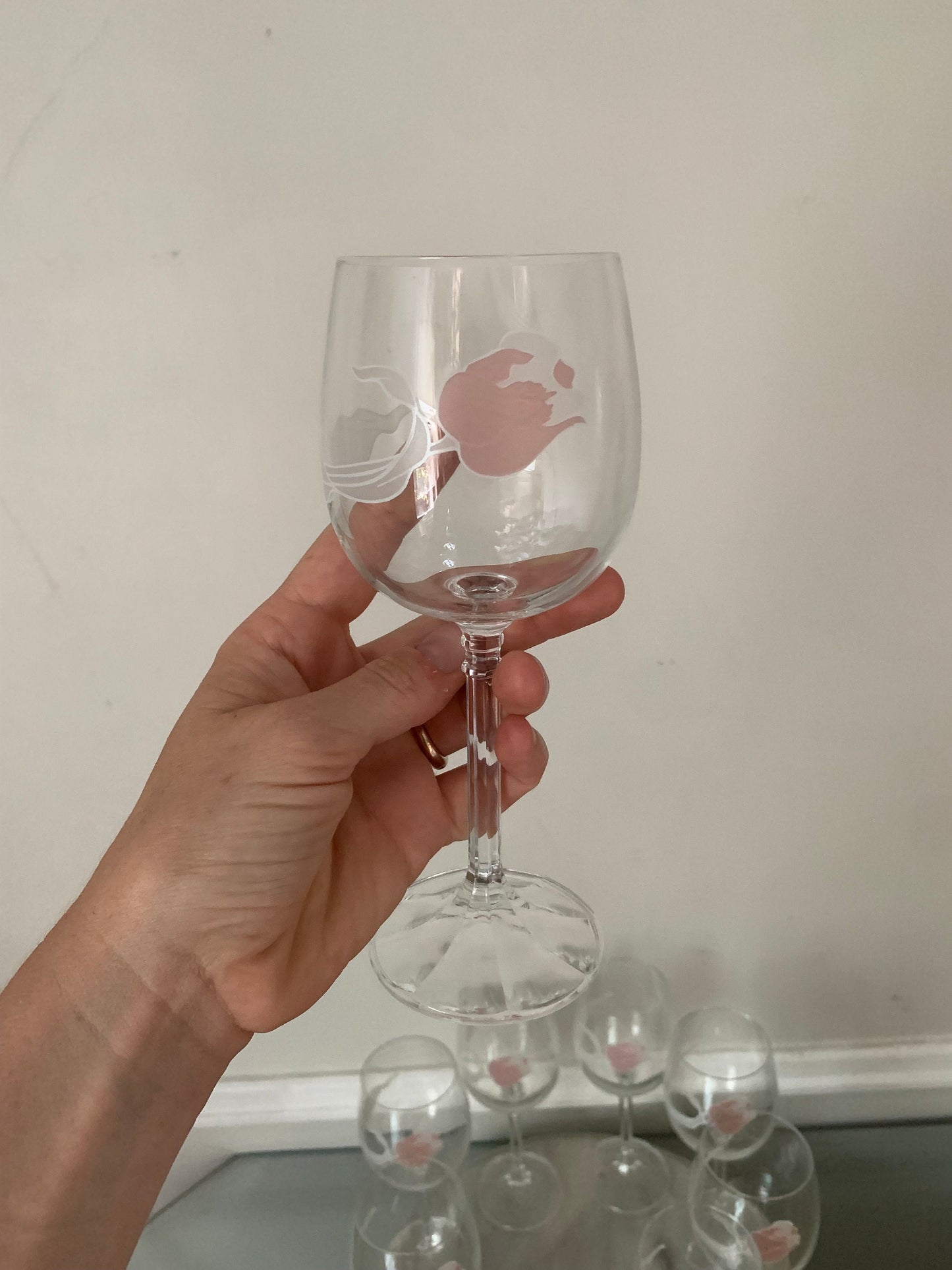 Set of 4 Vintage Czechoslovakian Bohemian Hand Painted Pink Tulip Crystal Wine Glasses