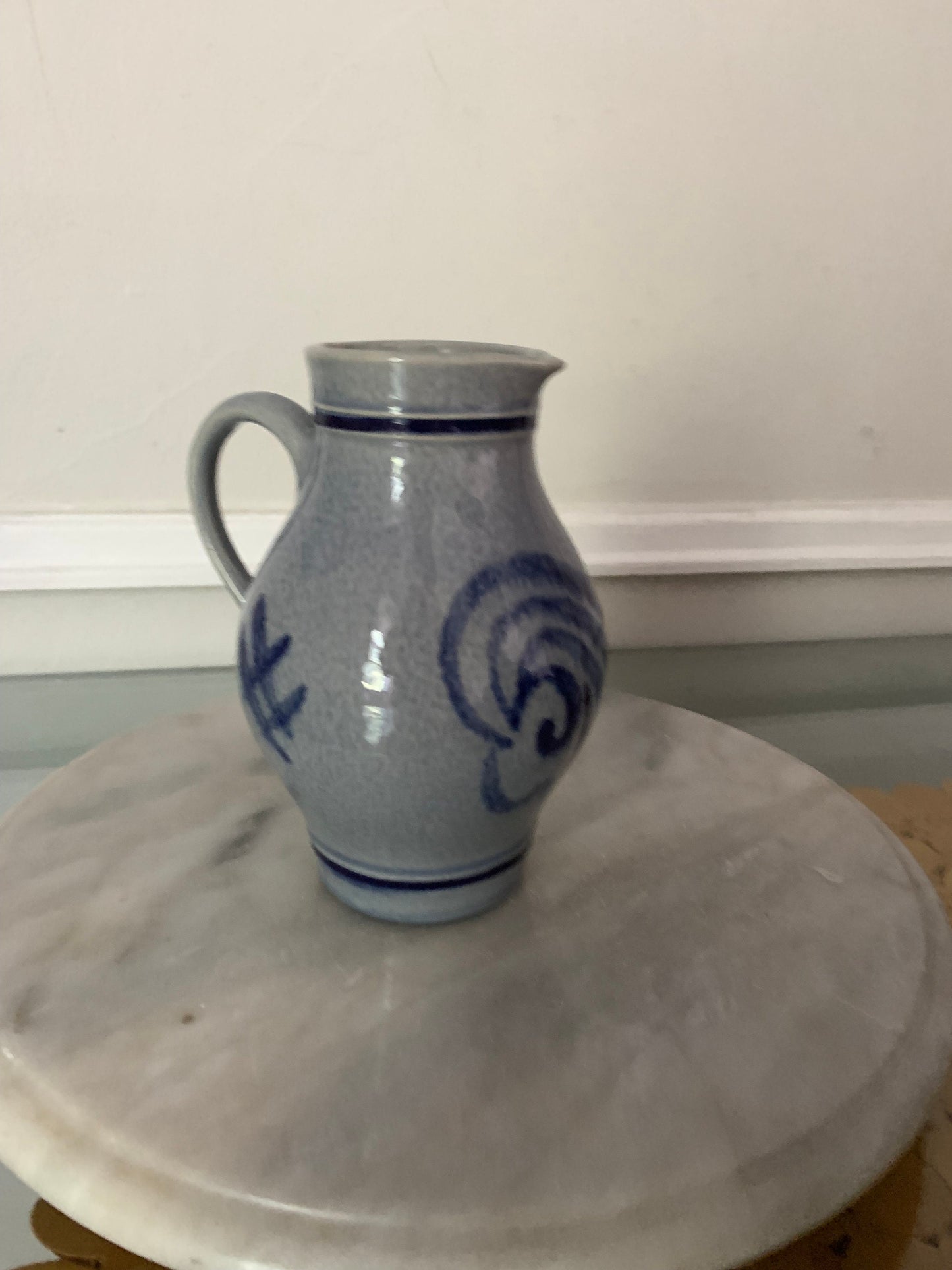 Small Vintage Salt Glazed Stoneware Cobalt Blue & Gray Half Litre Pitcher