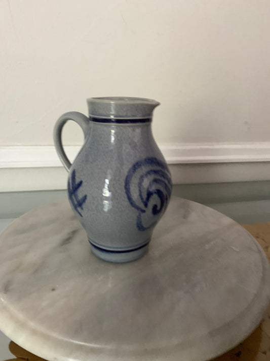 Small Vintage Salt Glazed Stoneware Cobalt Blue & Gray Half Litre Pitcher