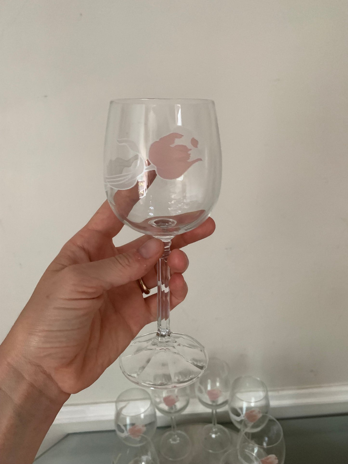Set of 4 Vintage Czechoslovakian Bohemian Hand Painted Pink Tulip Crystal Wine Glasses