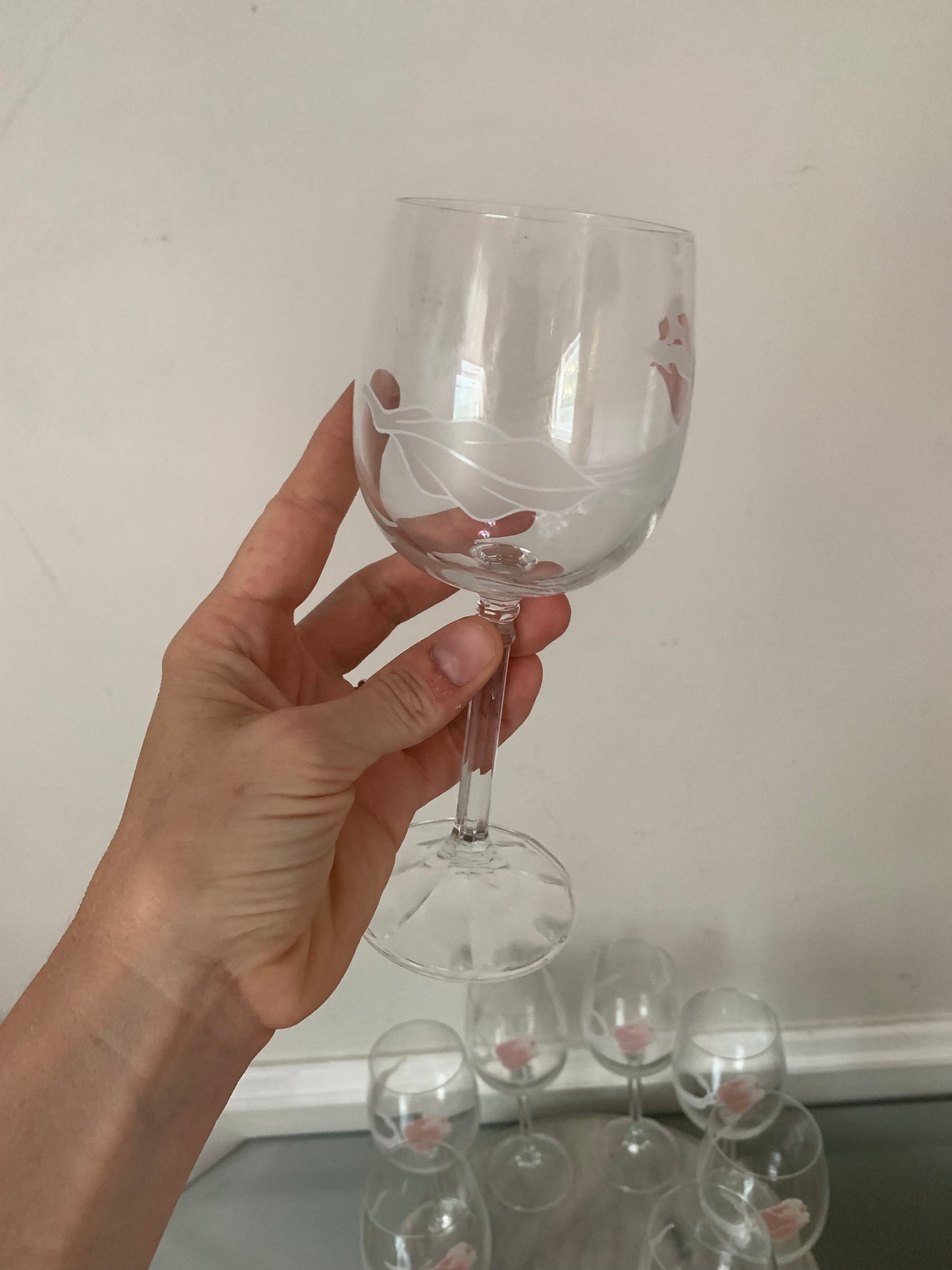 Set of 4 Vintage Czechoslovakian Bohemian Hand Painted Pink Tulip Crystal Wine Glasses