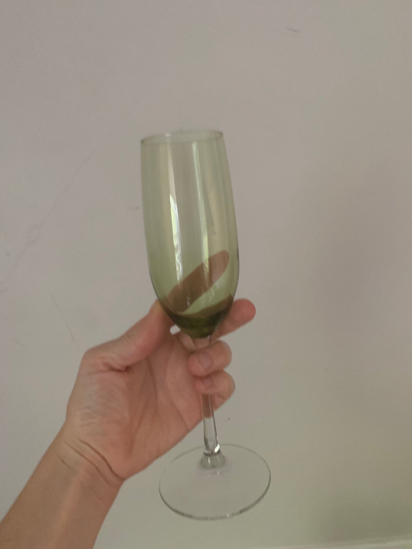 Vintage Set of 6 Olive Green Glass Bowl Champagne Flutes with Clear Stems