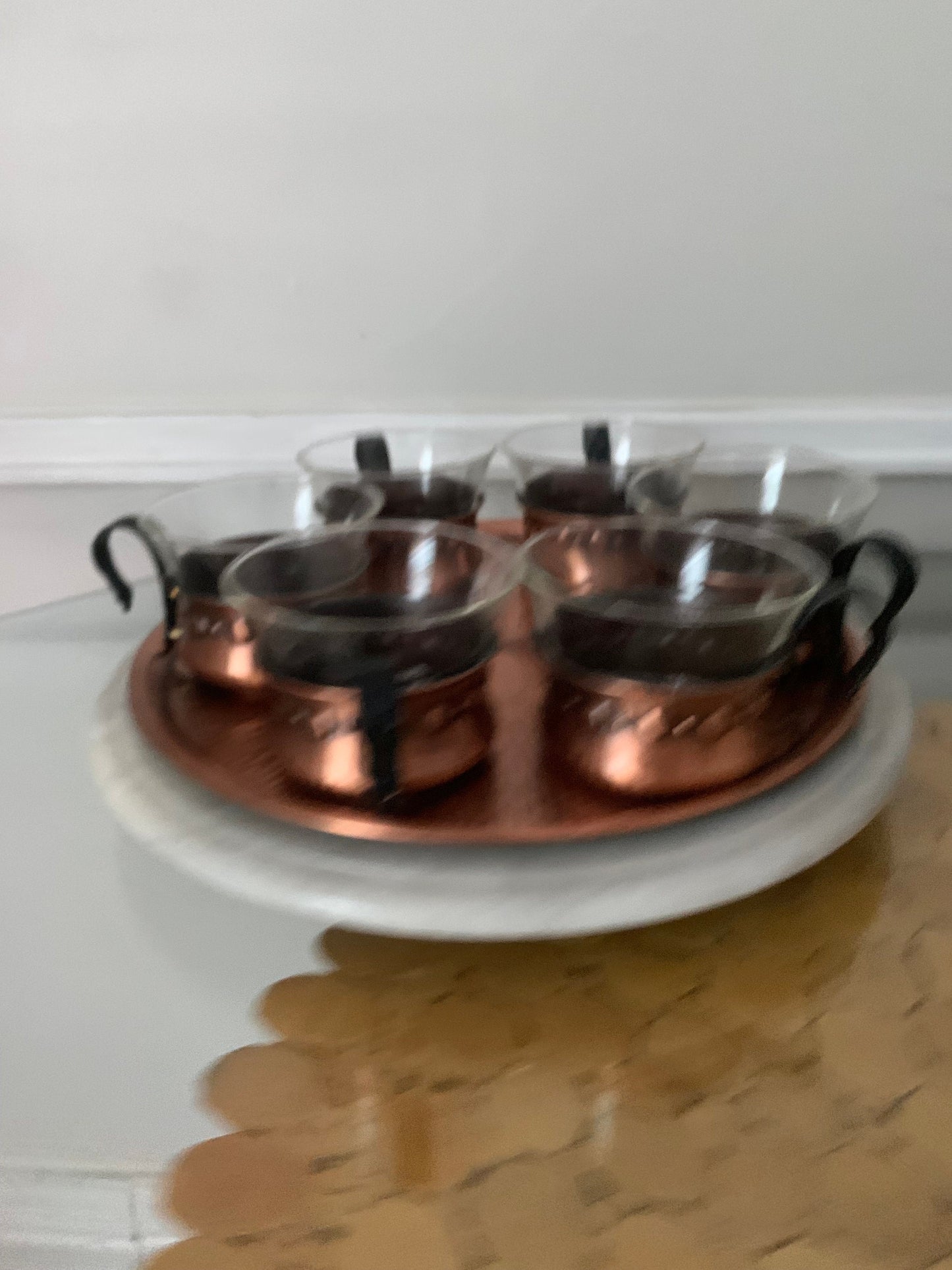 MCM Set of 7 Copper Caddy and Glass Mugs on Copper Tray