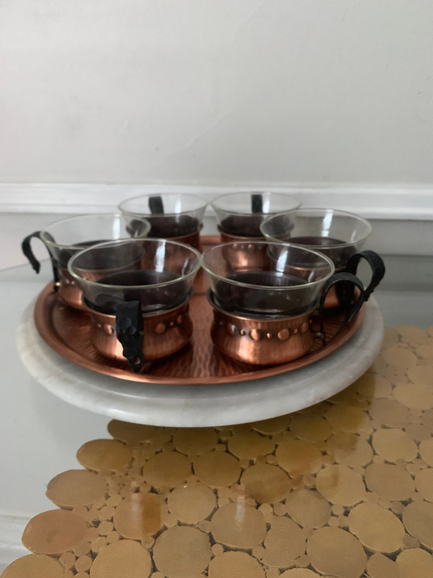 MCM Set of 7 Copper Caddy and Glass Mugs on Copper Tray