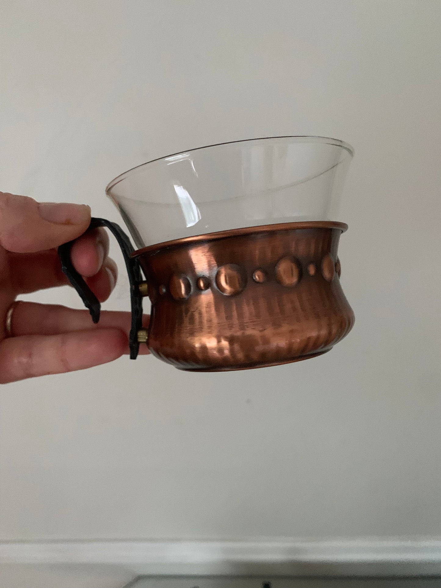 MCM Set of 7 Copper Caddy and Glass Mugs on Copper Tray