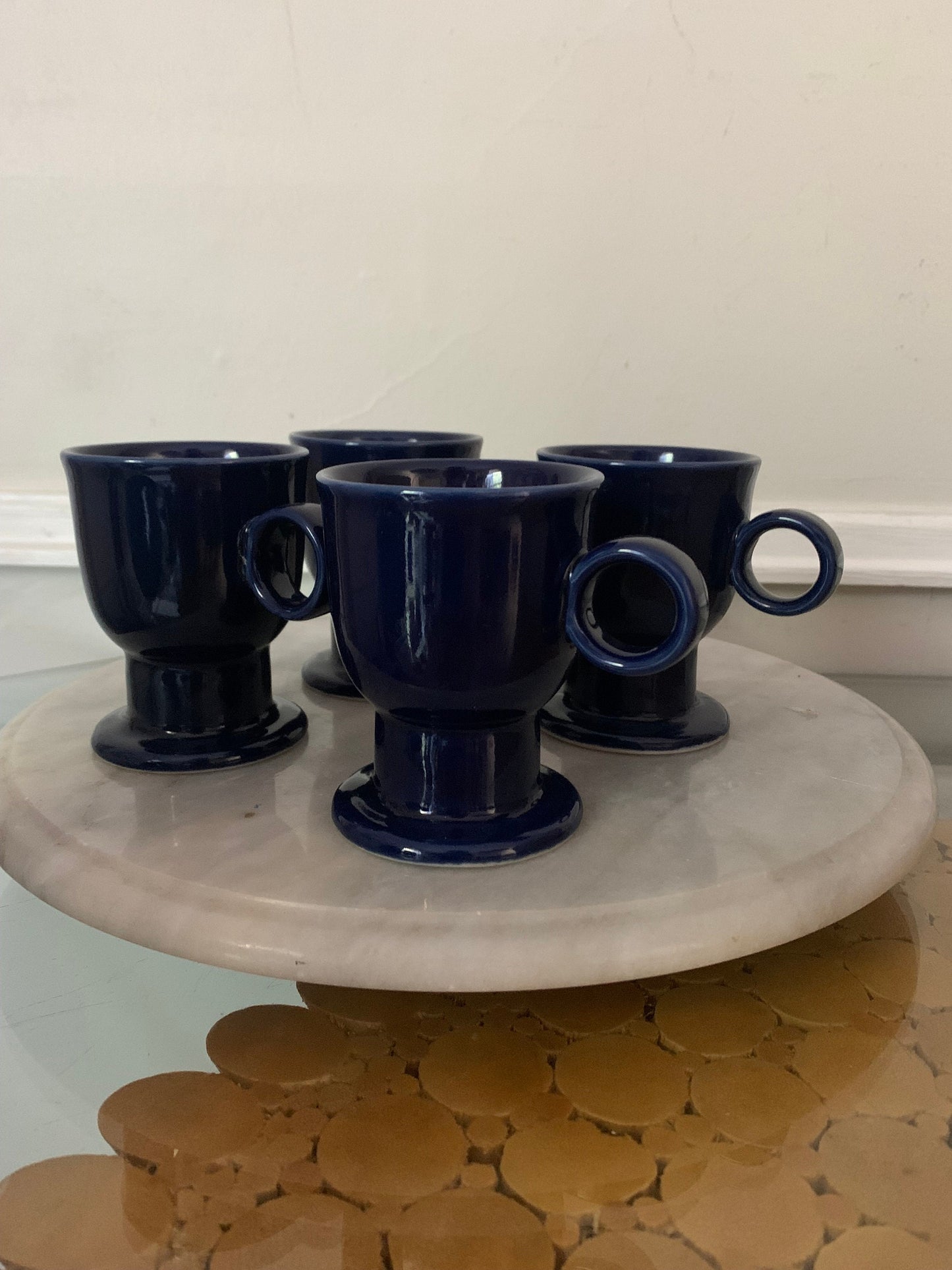 Set 4 Vintage Cobalt Blue Round Handle Ceramic Mugs