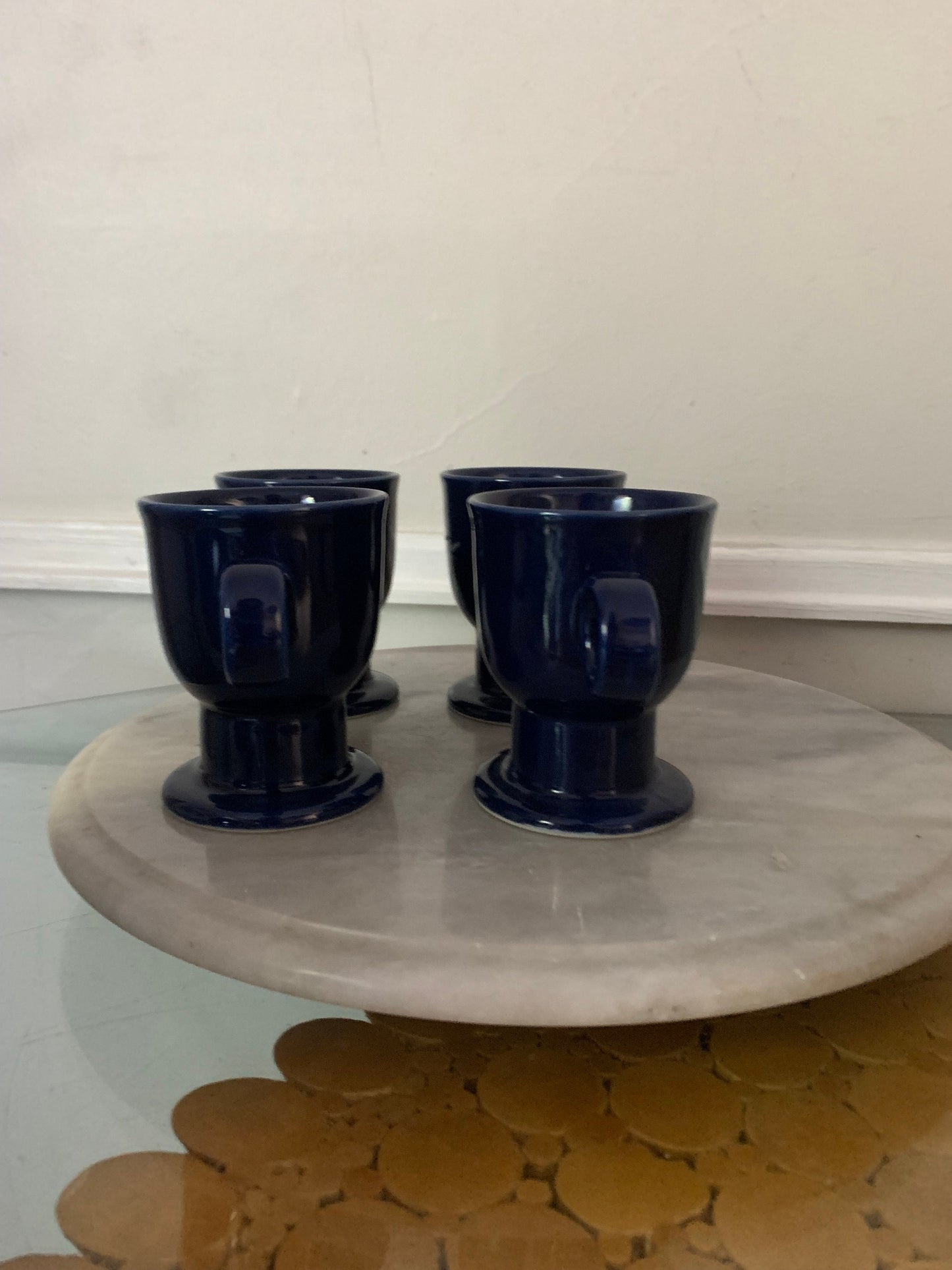 Set 4 Vintage Cobalt Blue Round Handle Ceramic Mugs