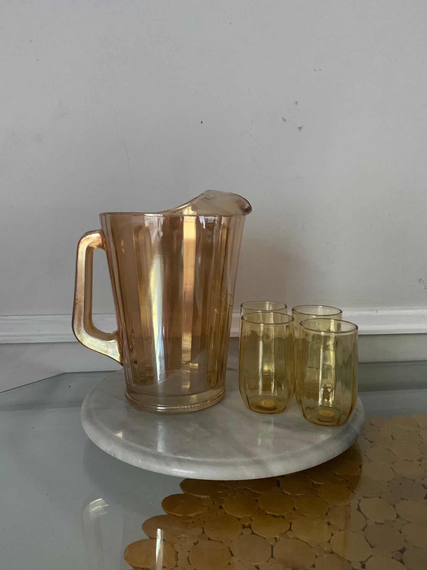 Vintage Peach Lustre Glass Pitcher and 4 Small Juice Glasses