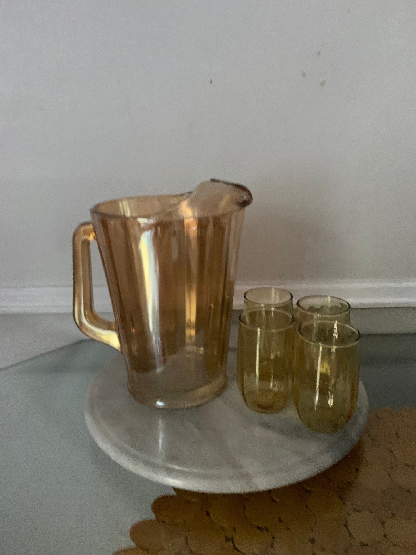 Vintage Peach Lustre Glass Pitcher and 4 Small Juice Glasses