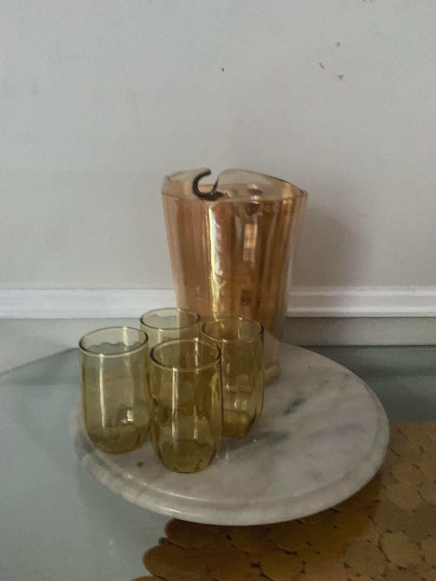 Vintage Peach Lustre Glass Pitcher and 4 Small Juice Glasses