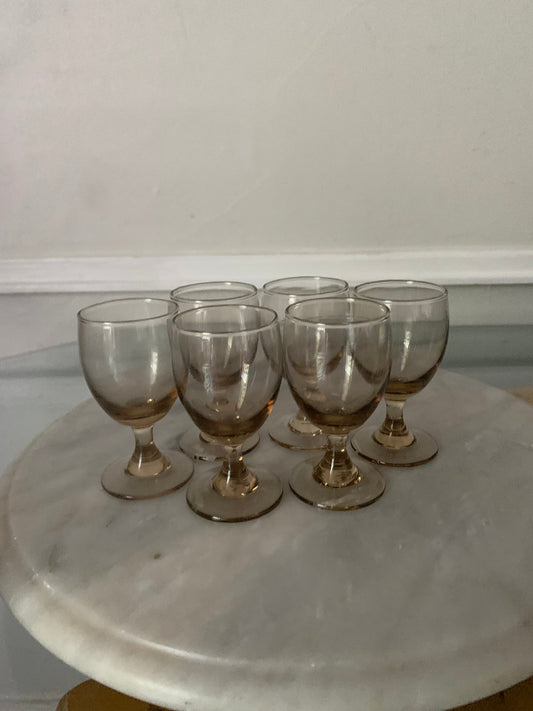 Vintage Set of 6 Short Smokey Champagne Coloured Aperitif Glasses