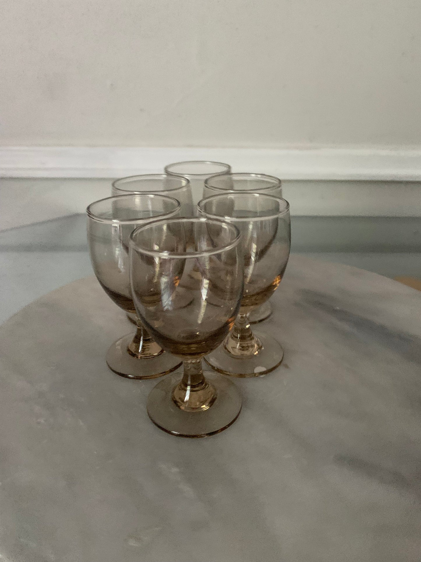 Vintage Set of 6 Short Smokey Champagne Coloured Aperitif Glasses