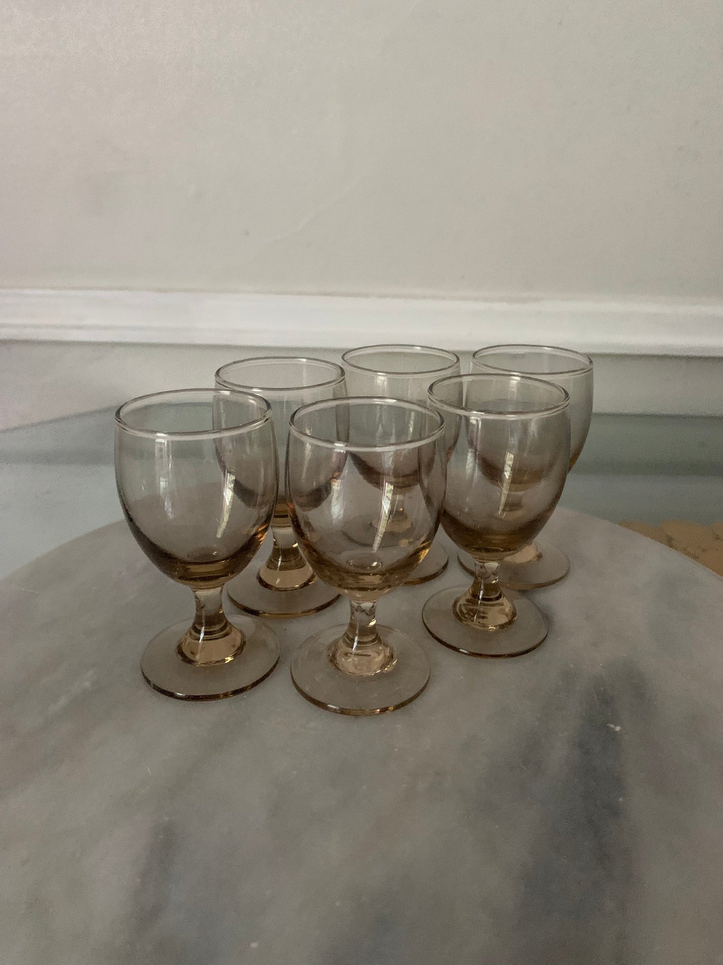 Vintage Set of 6 Short Smokey Champagne Coloured Aperitif Glasses