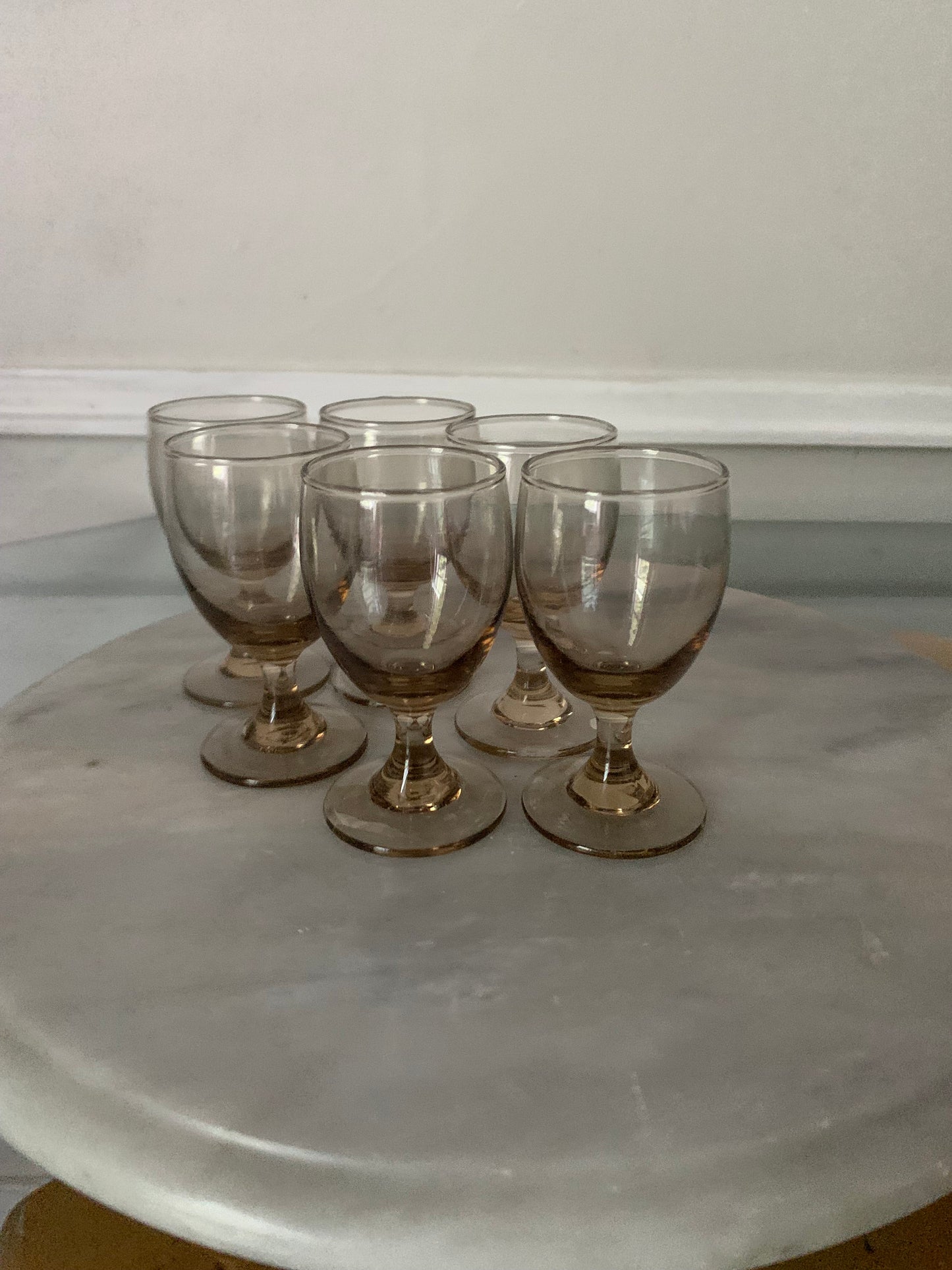 Vintage Set of 6 Short Smokey Champagne Coloured Aperitif Glasses