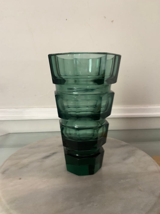 Art Deco Deep Turquoise Octagonal Prism Cut Crystal Art Glass Vase