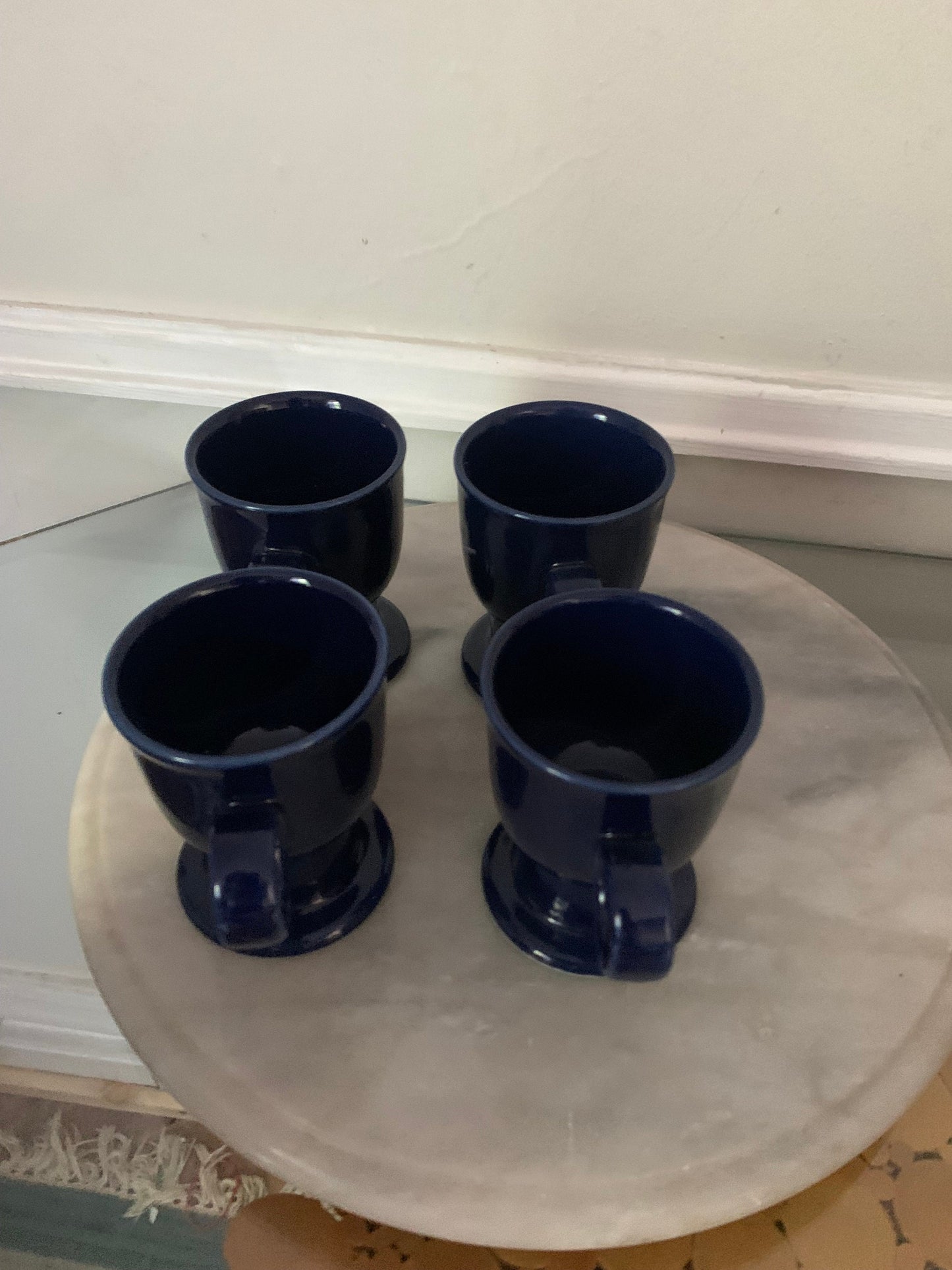 Set 4 Vintage Cobalt Blue Round Handle Ceramic Mugs