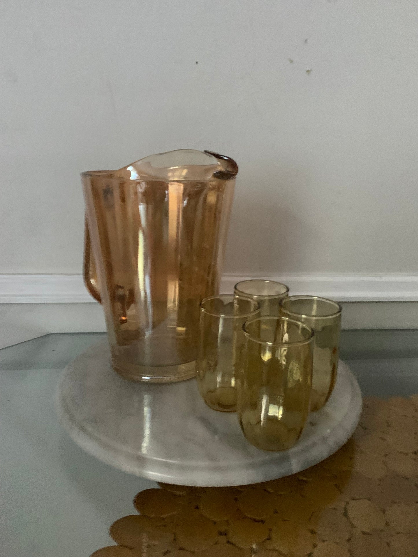 Vintage Peach Lustre Glass Pitcher and 4 Small Juice Glasses