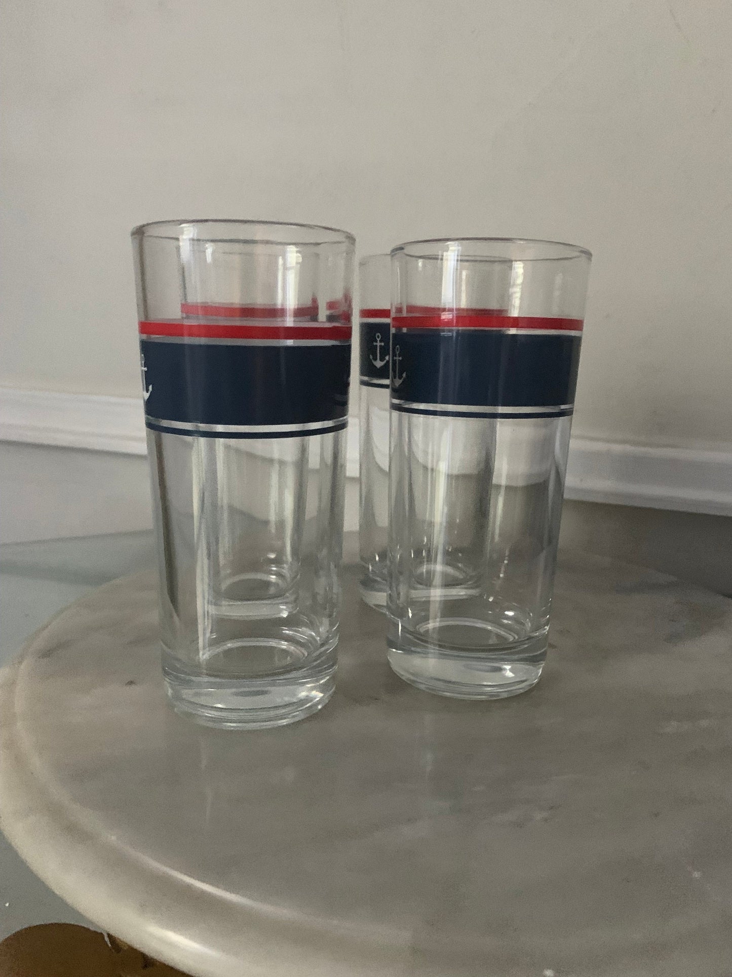 Vintage Set of 4 Glass Tumblers with Navy Stripe And Anchor
