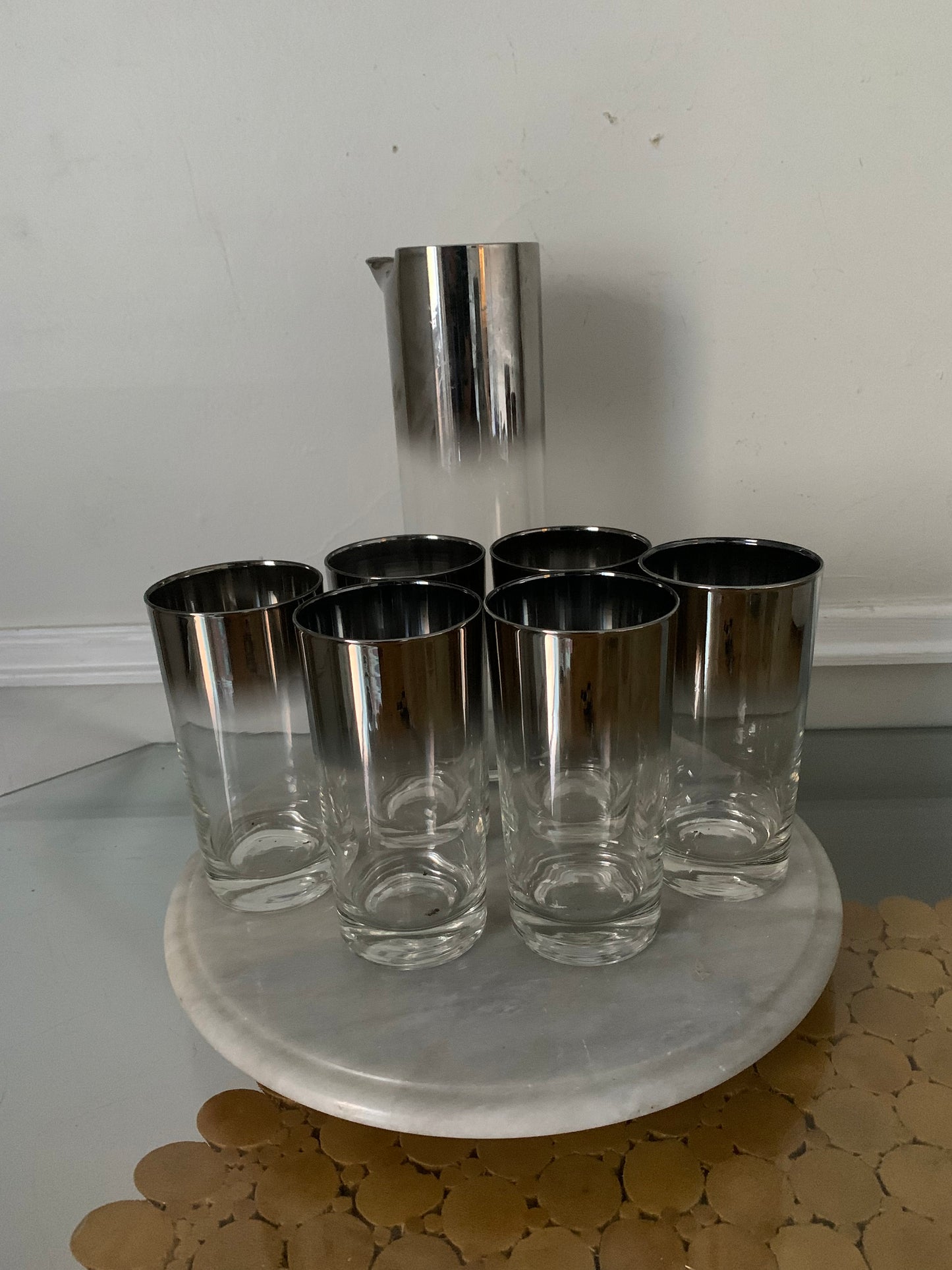 Vintage Set of 6 Tall Glasses with Silver Fade Pitcher