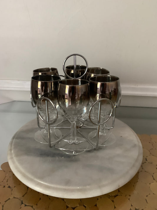 Set of 6 Vintage Wine Glases with Silver Fade in Circular Chrome Caddy