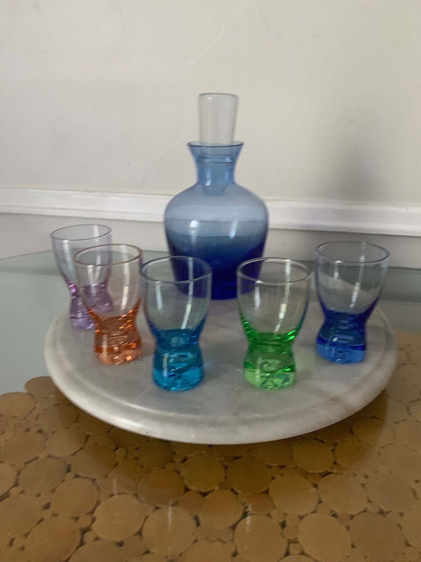 Set of 6 Bubble Bottom Pastel Blue Decanter with Stopper and 5 Small Glasses