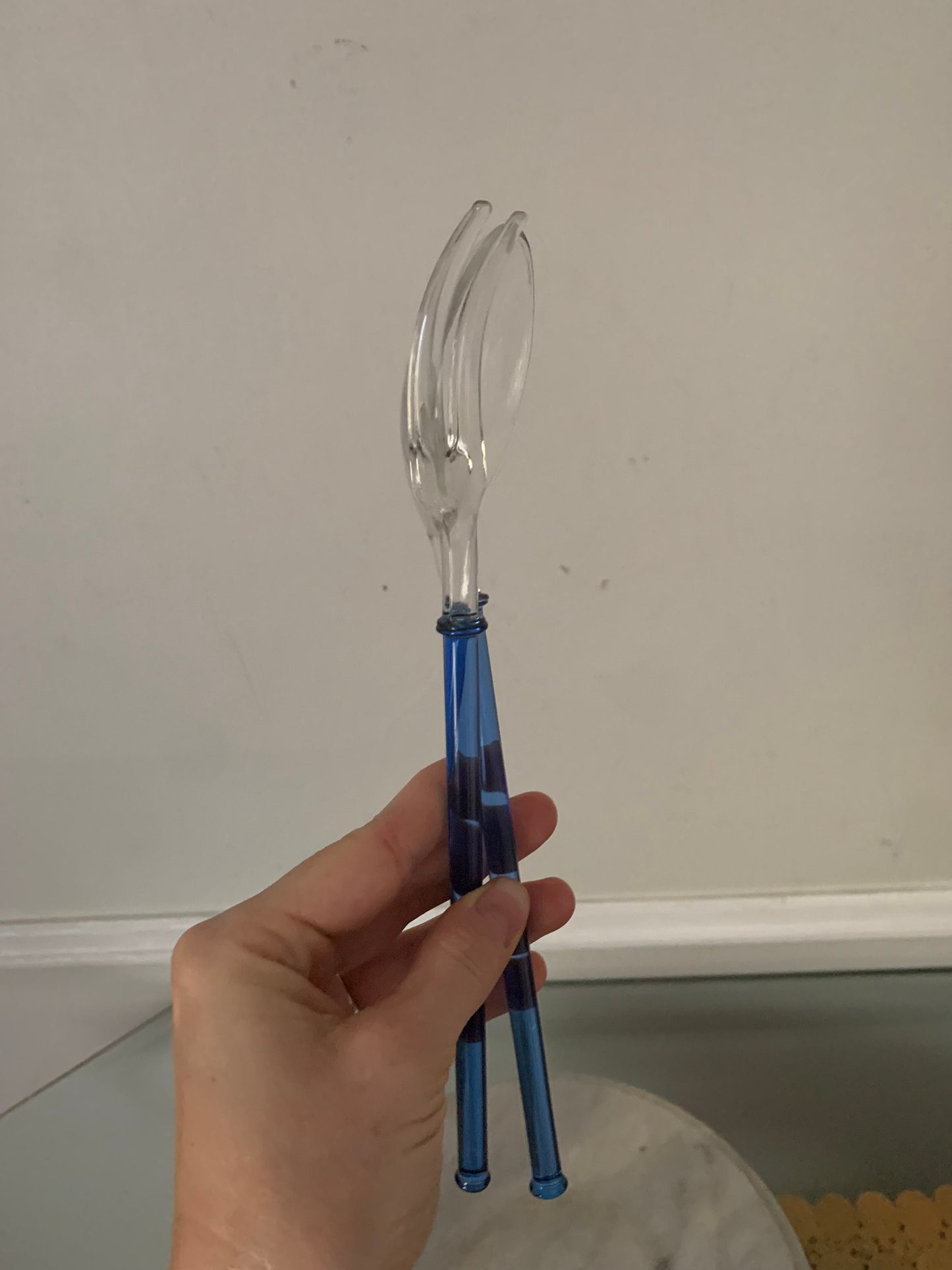 Pair of Retro Cobalt and Clear Glass Salad Tongs Spoon and Fork