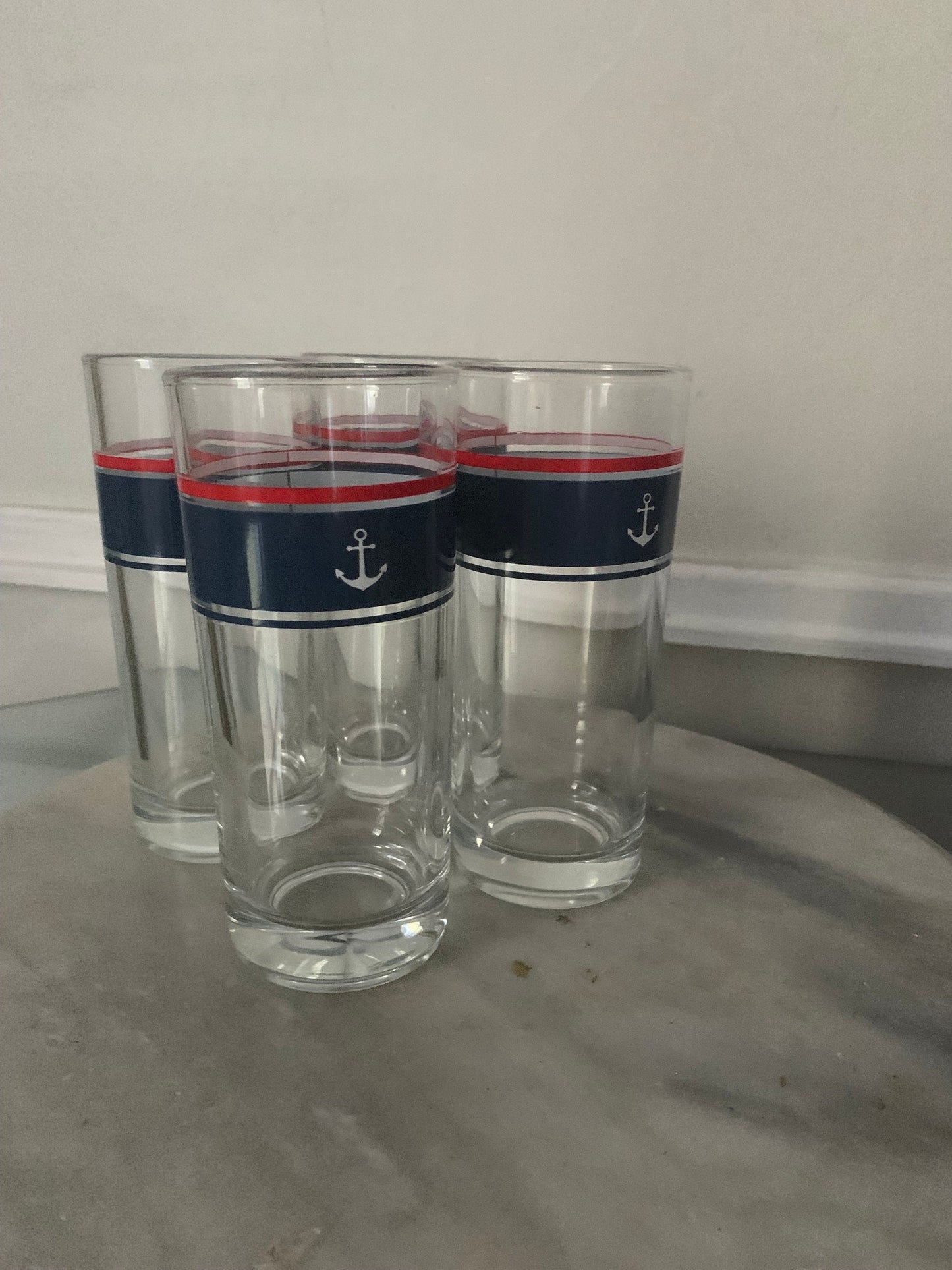 Vintage Set of 4 Glass Tumblers with Navy Stripe And Anchor