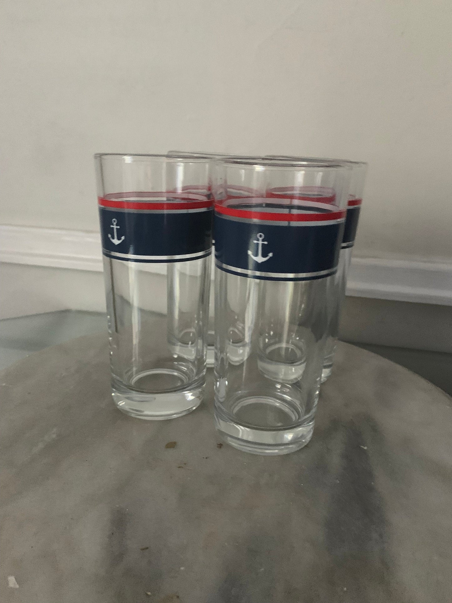 Vintage Set of 4 Glass Tumblers with Navy Stripe And Anchor