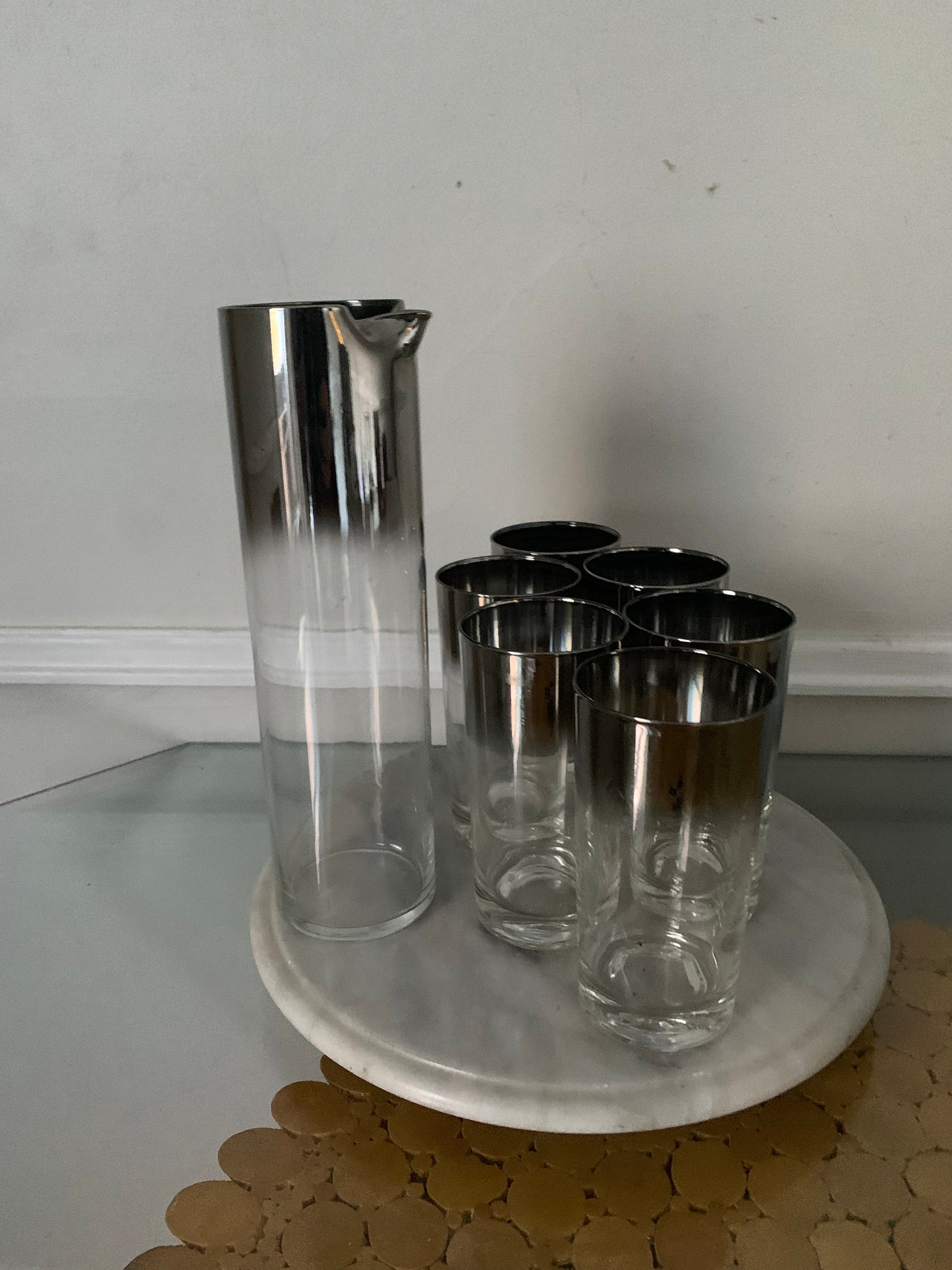 Vintage Set of 6 Tall Glasses with Silver Fade Pitcher