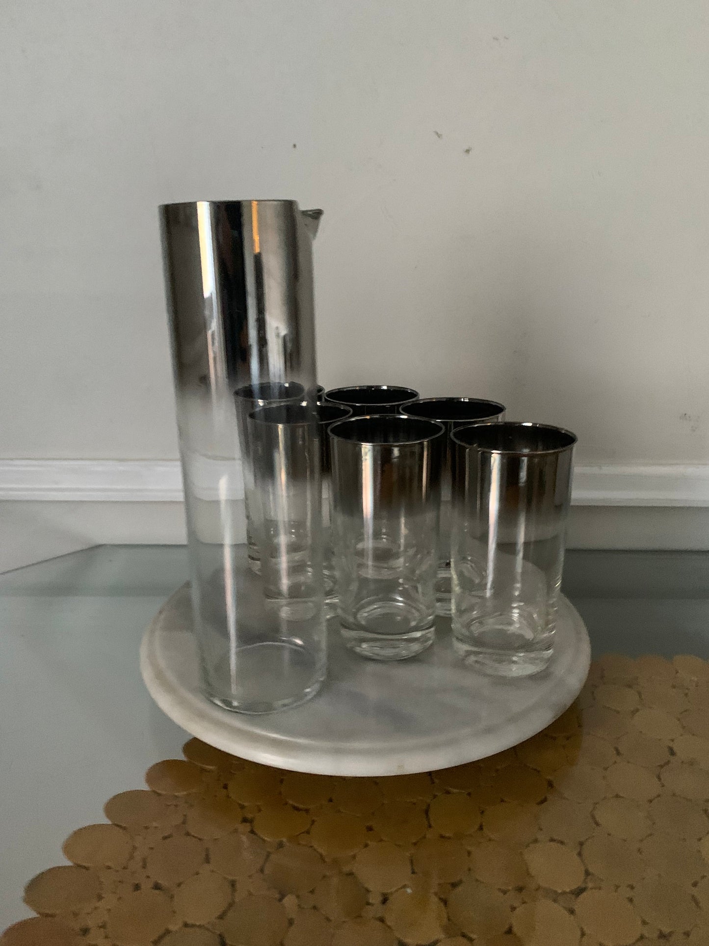 Vintage Set of 6 Tall Glasses with Silver Fade Pitcher