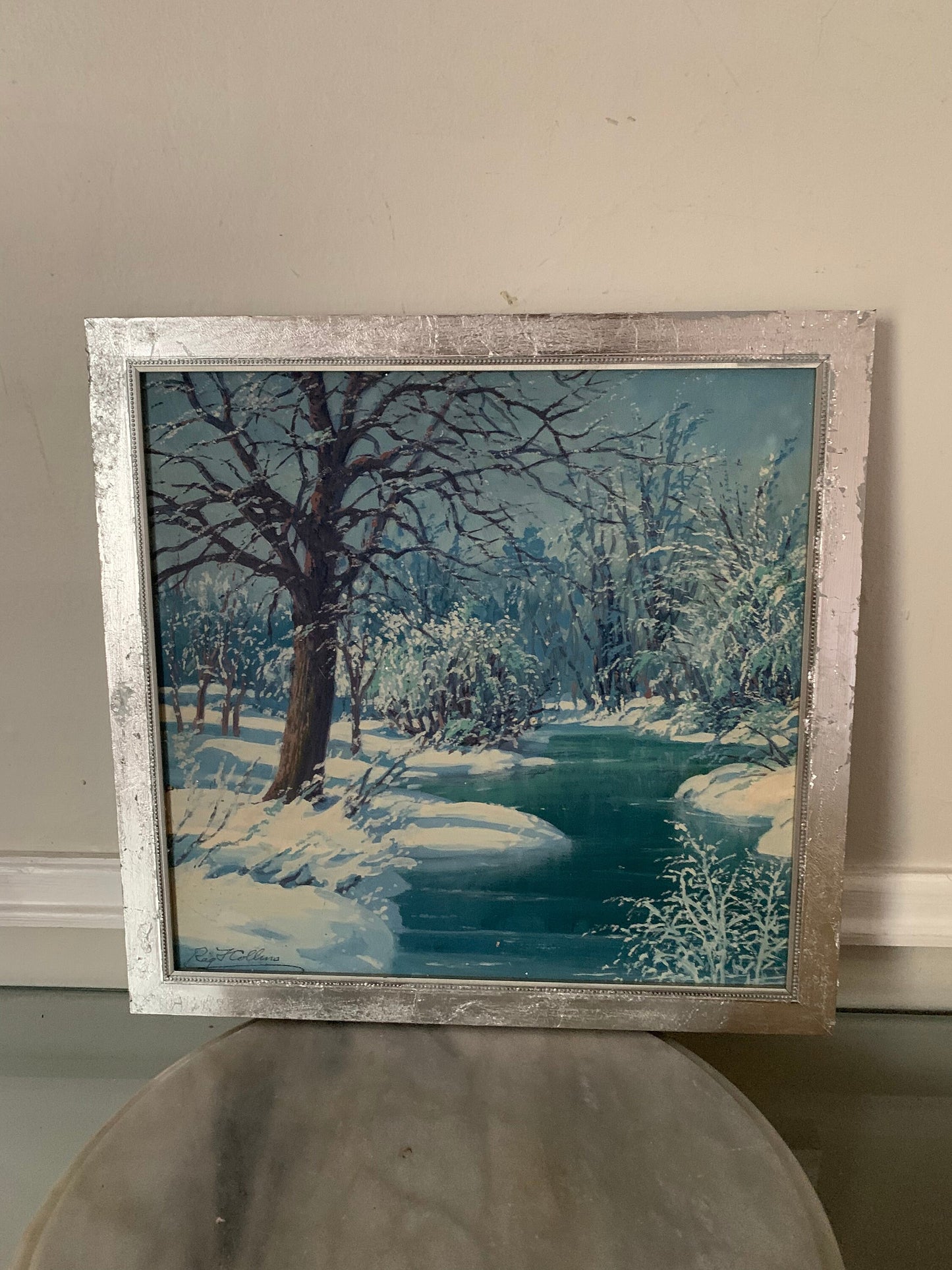 Retro Square Blue Tone Winter Scene in Silver Frame