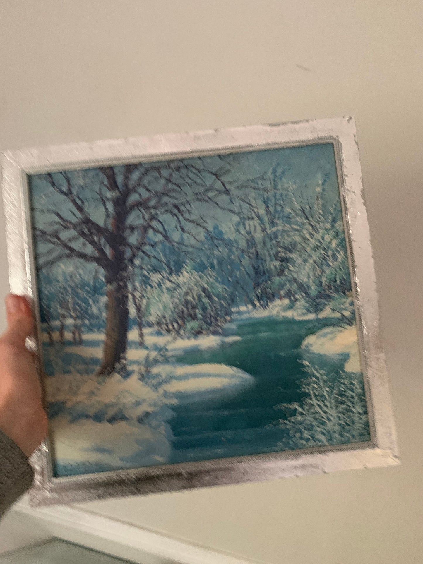 Retro Square Blue Tone Winter Scene in Silver Frame