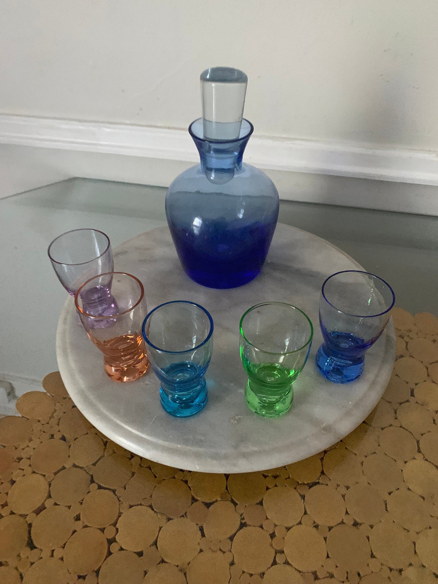 Set of 6 Bubble Bottom Pastel Blue Decanter with Stopper and 5 Small Glasses