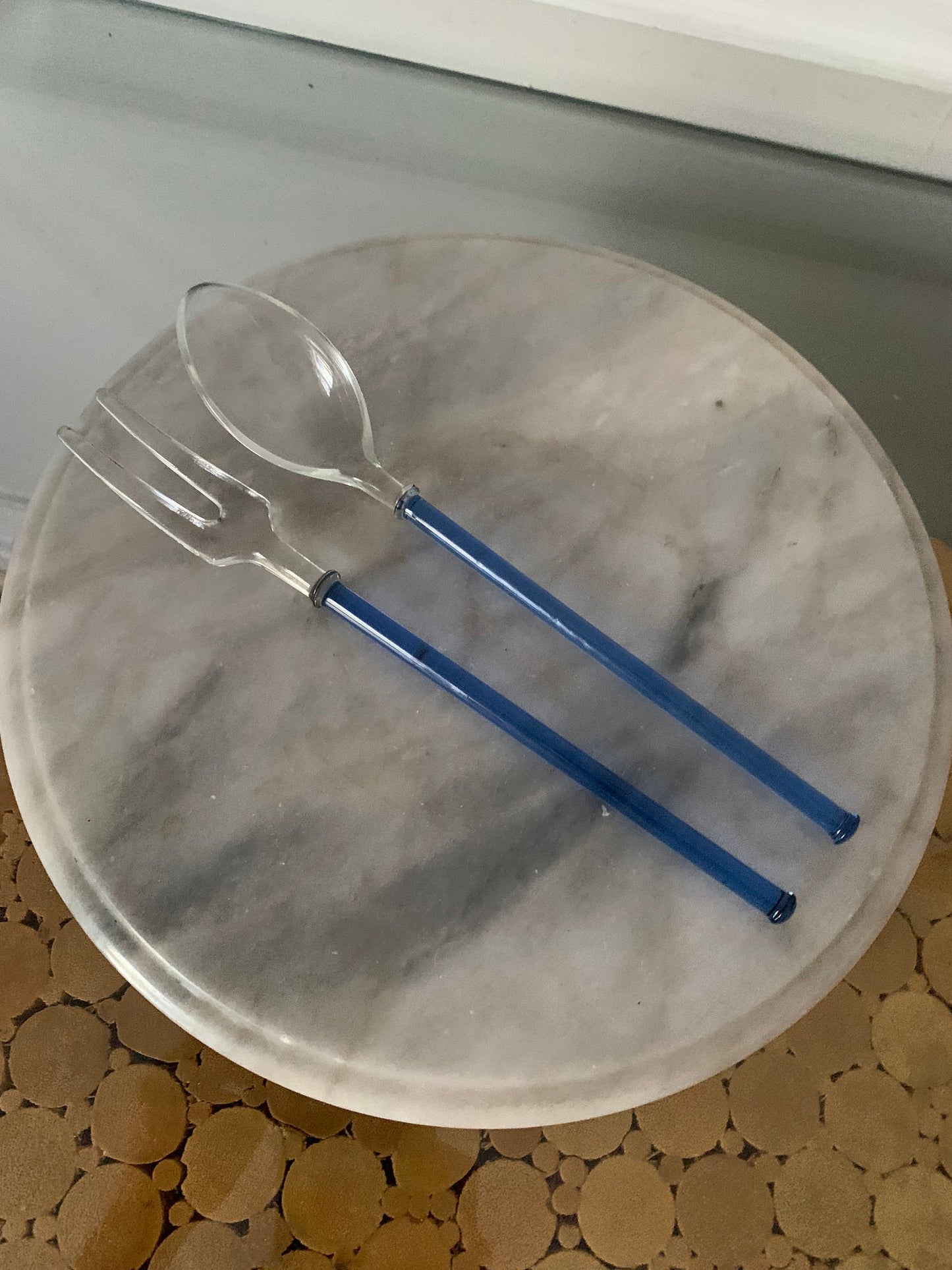 Pair of Retro Cobalt and Clear Glass Salad Tongs Spoon and Fork
