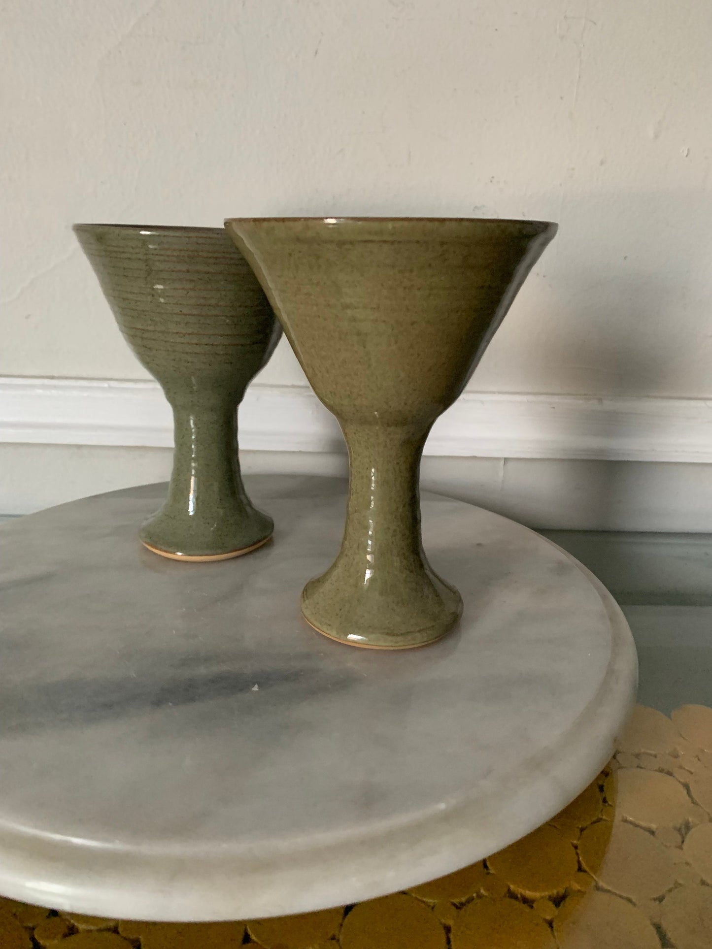 Pair of Handmade Sage Green Pottery Goblets