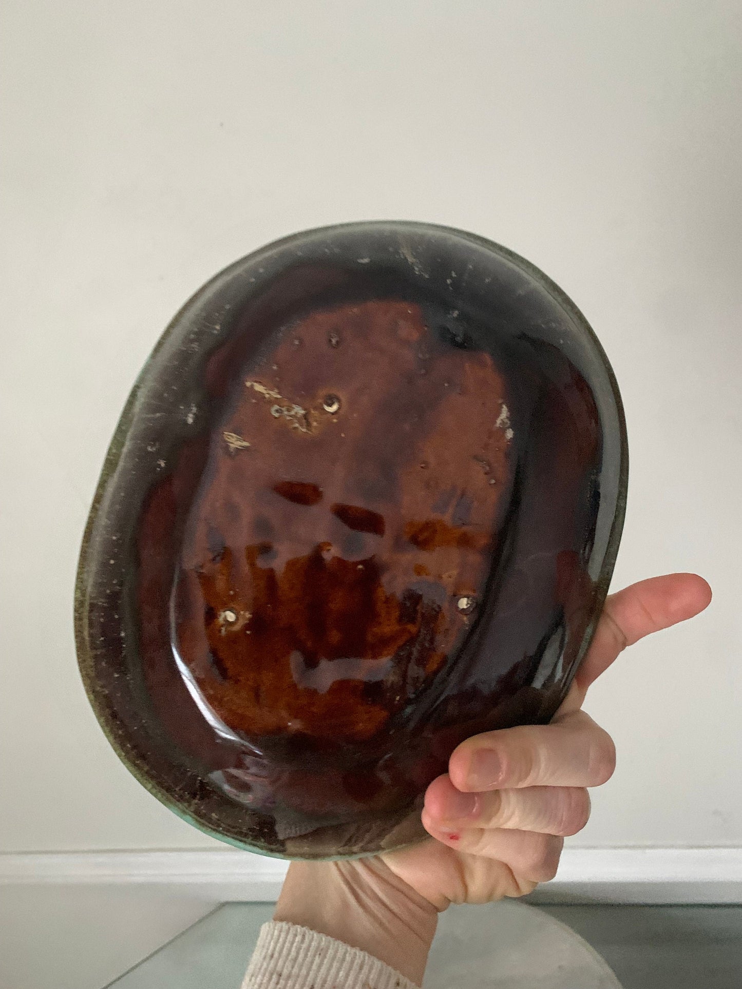 Handmade Jade and Brown Glazed Divided Pottery Dish