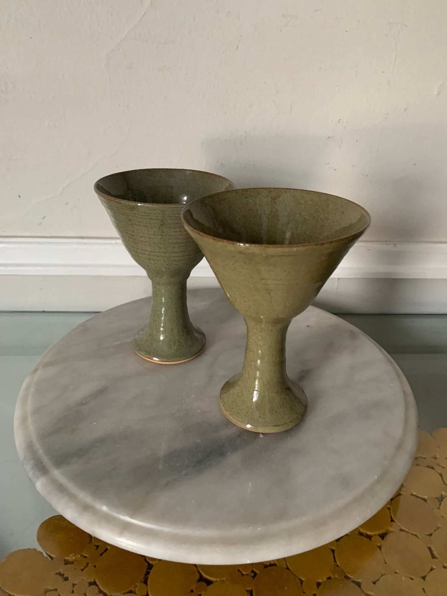 Pair of Handmade Sage Green Pottery Goblets