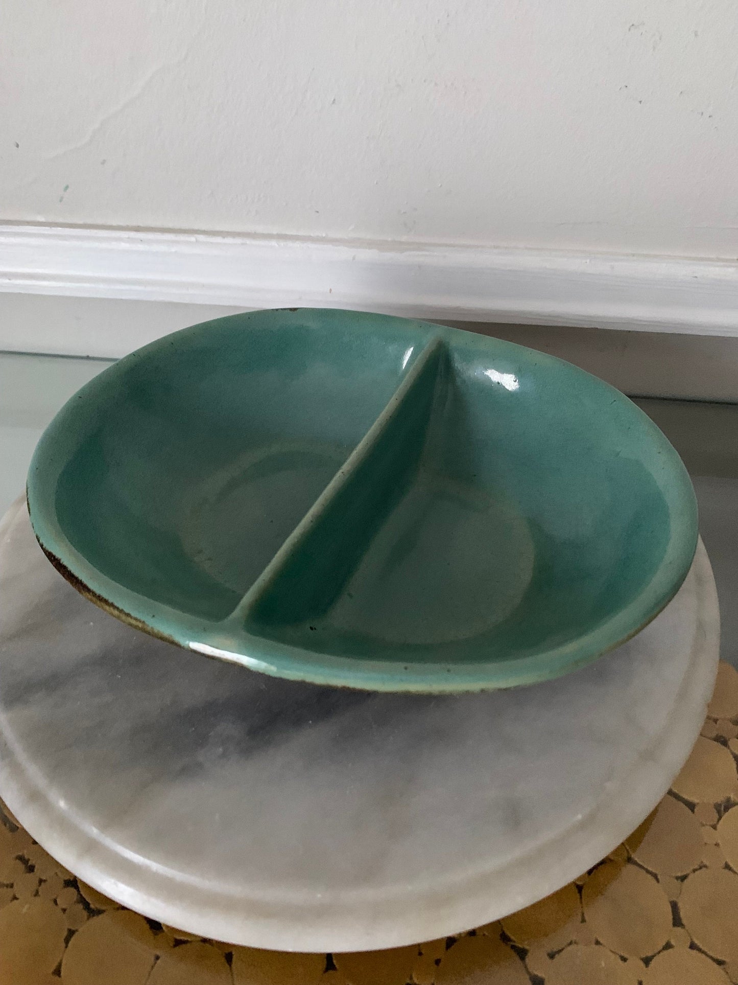Handmade Jade and Brown Glazed Divided Pottery Dish