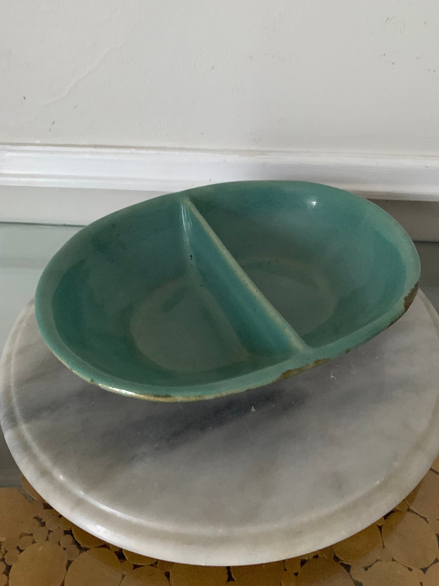 Handmade Jade and Brown Glazed Divided Pottery Dish